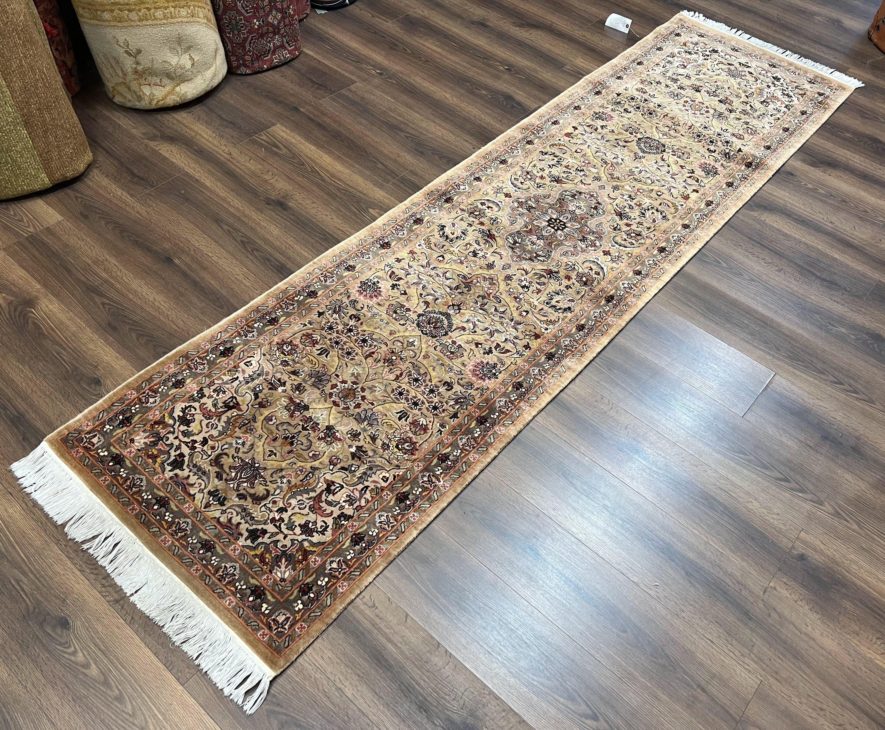 Indo Persian Runner Rug 2.8 x 10, Tan Hand Knotted Oriental Hallway Carpet, 10ft Long Runner, Indian Runner, Floral Allover, Handmade Nice - Jewel Rugs