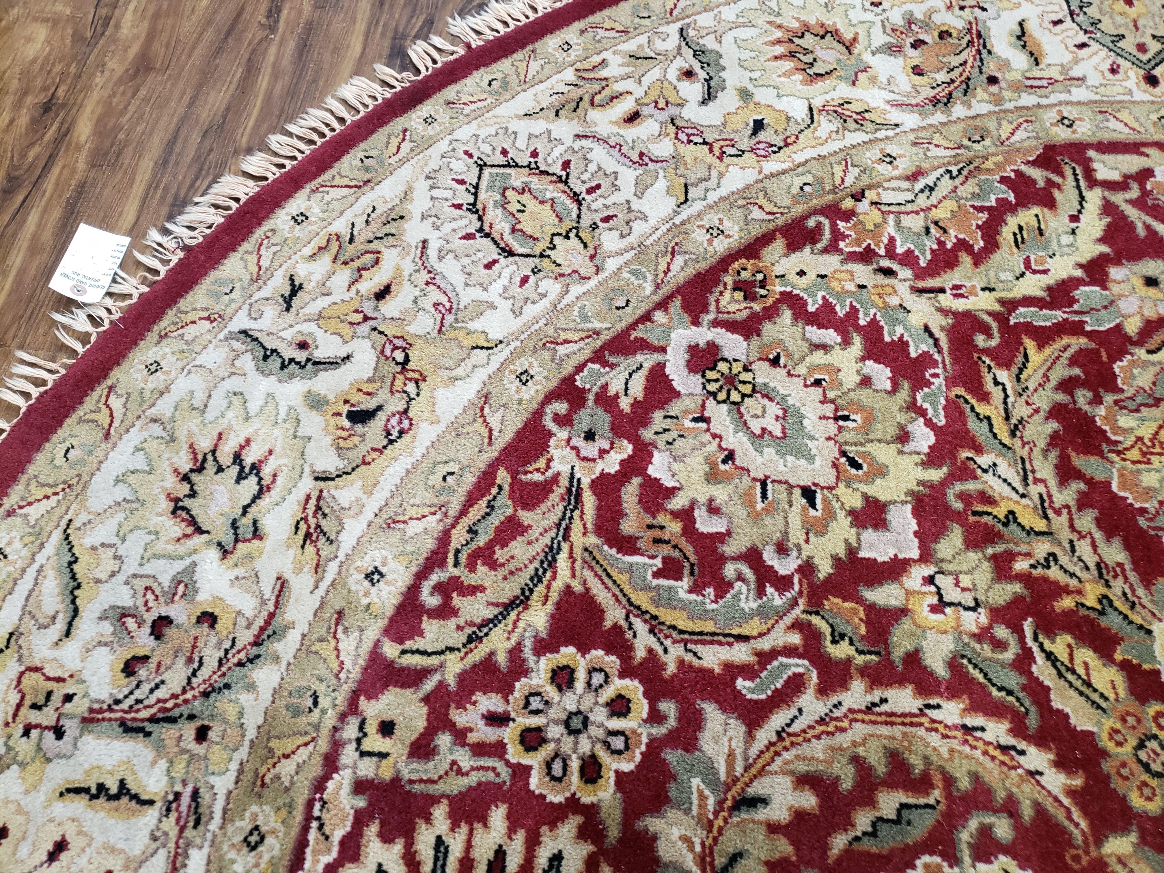 8ft Round Rug, Vintage Indo Mahal Round Oriental Carpet, Red & Beige, Indian Rug, Indo Persian Floral Rug, Hand-Knotted, Wool, 8x8 Round Rug - Jewel Rugs