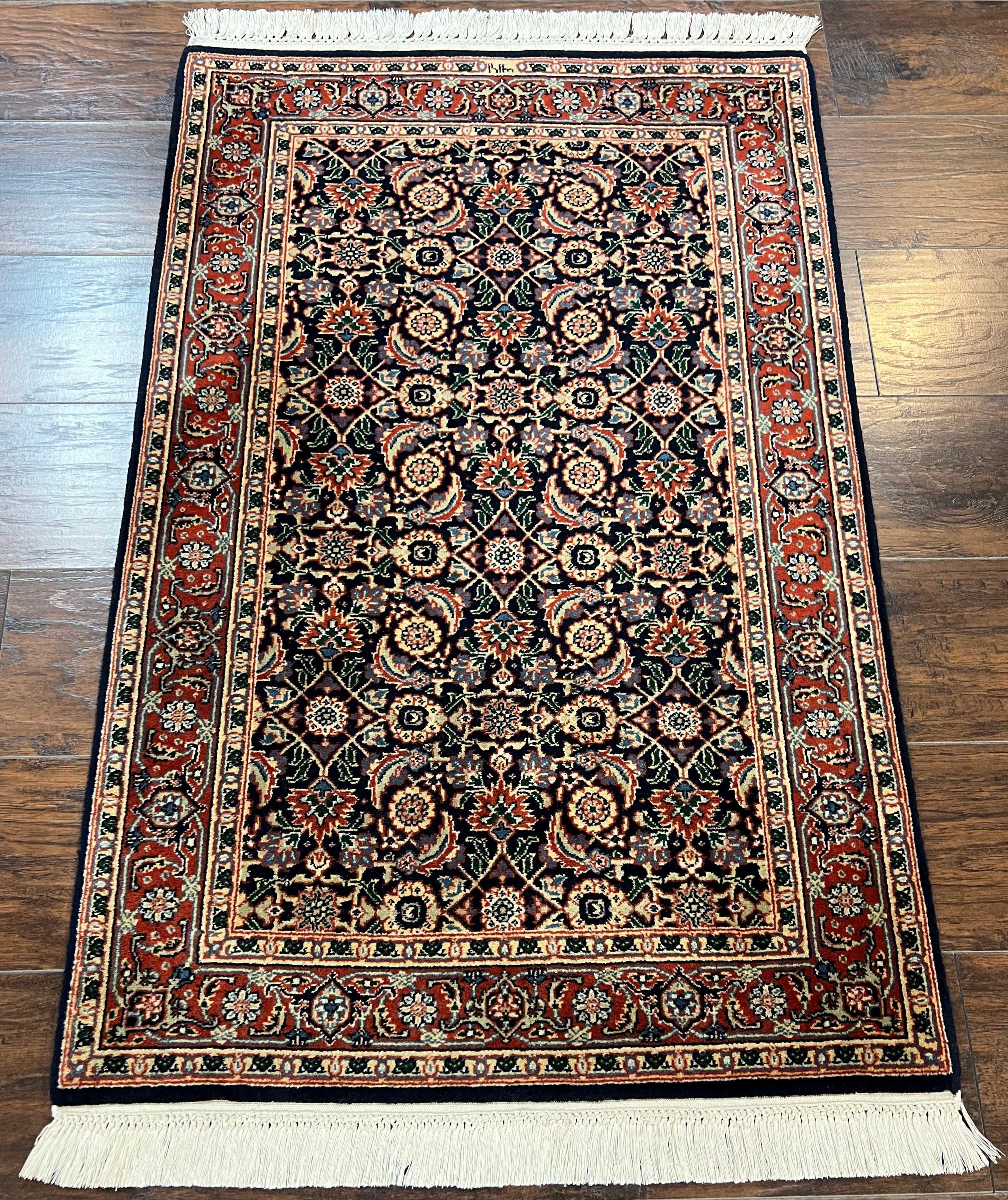 Fine Indo Persian Rug 2.5 x 4 ft, Navy Blue and Red, Allover Herati Pattern, Oriental Rug with Signature, Small Traditional Vintage Rug - Jewel Rugs