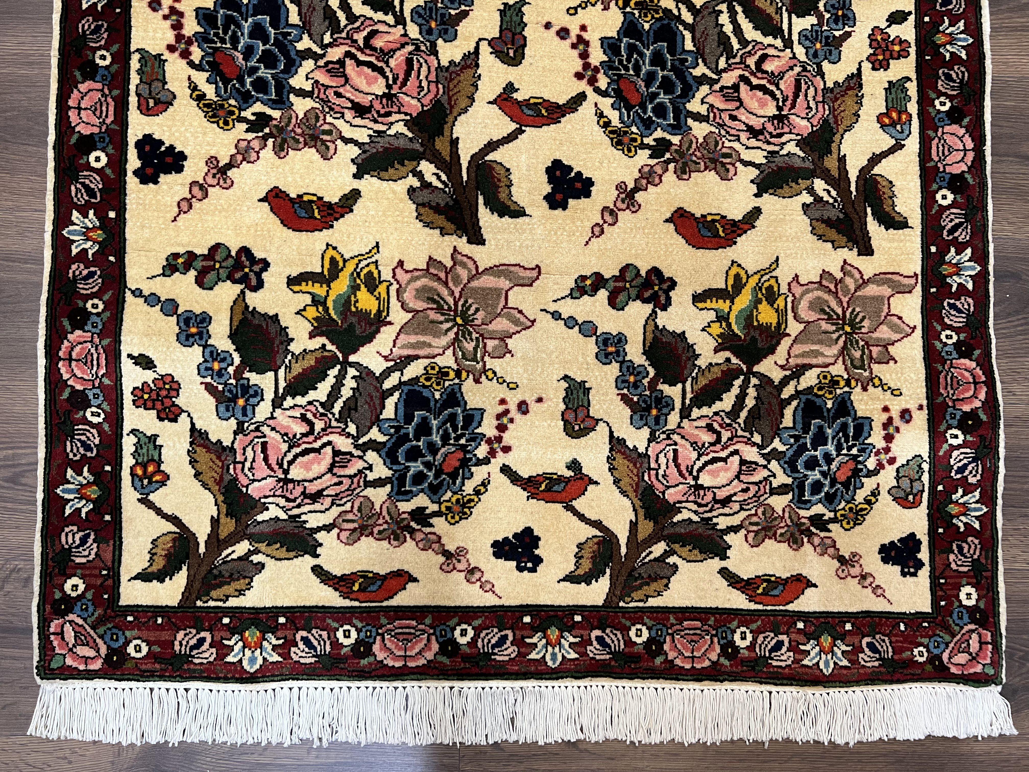 Persian Bidjar Rug 3.6 x 5 ft, Repeated Floral Motifs, Roses and Birds, Cream Burgundy, Fine Wool Oriental Bijar Carpet, Vintage Traditional Area Rug - Jewel Rugs