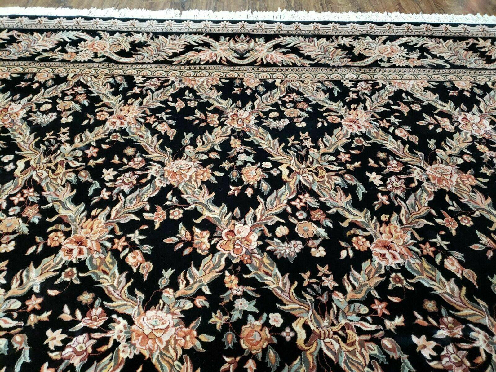 10' X 14' Handmade Fine Chinese Allover Floral Wool Rug Hand Knotted Black Nice - Jewel Rugs