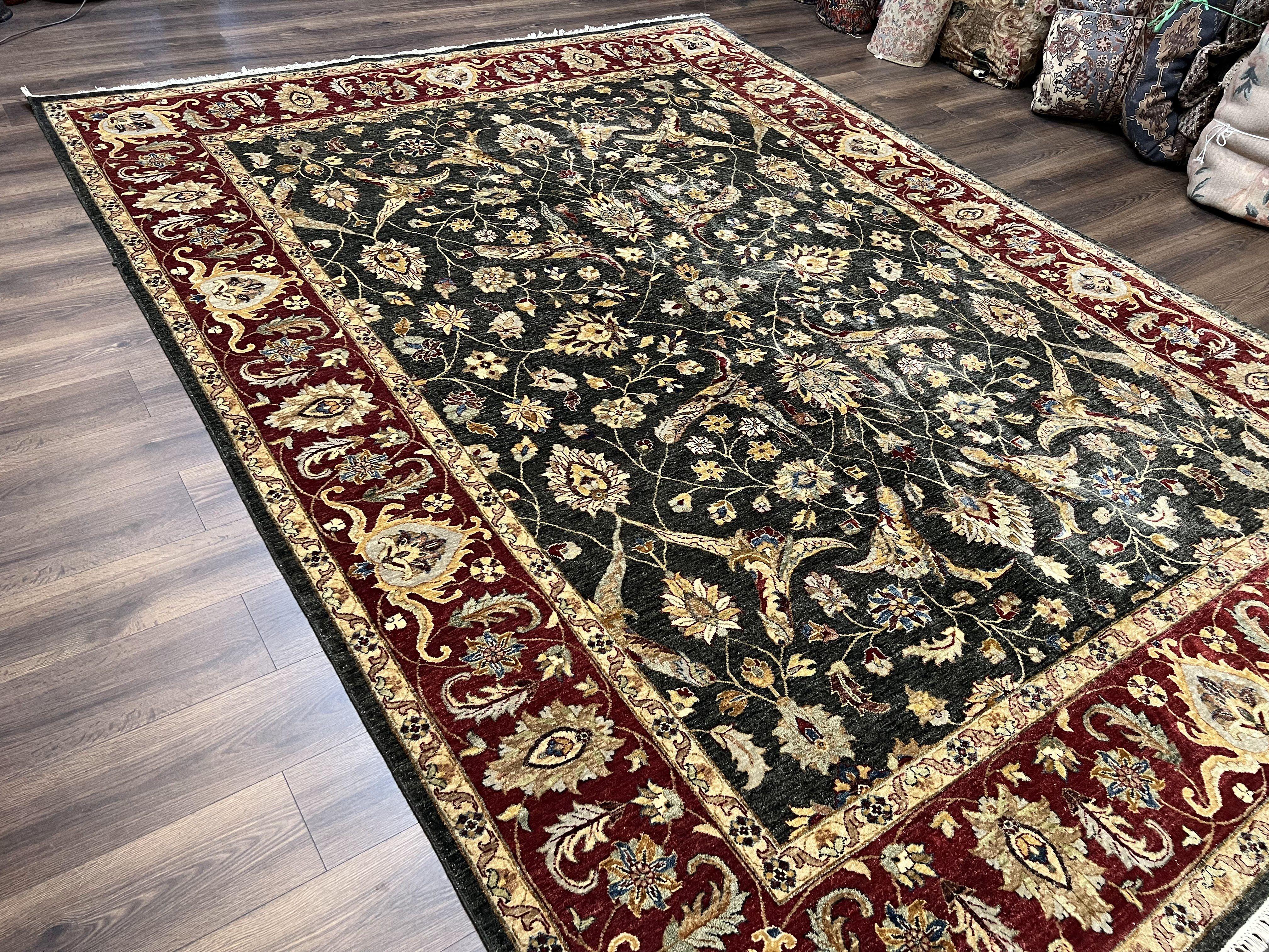 Pak Persian Mahal Rug 9x12, Allover Floral Pakistani Oriental Carpet 9 x 12, Wool Hand Knotted Area Rug, Dark Slate Gray-Black and Maroon - Jewel Rugs