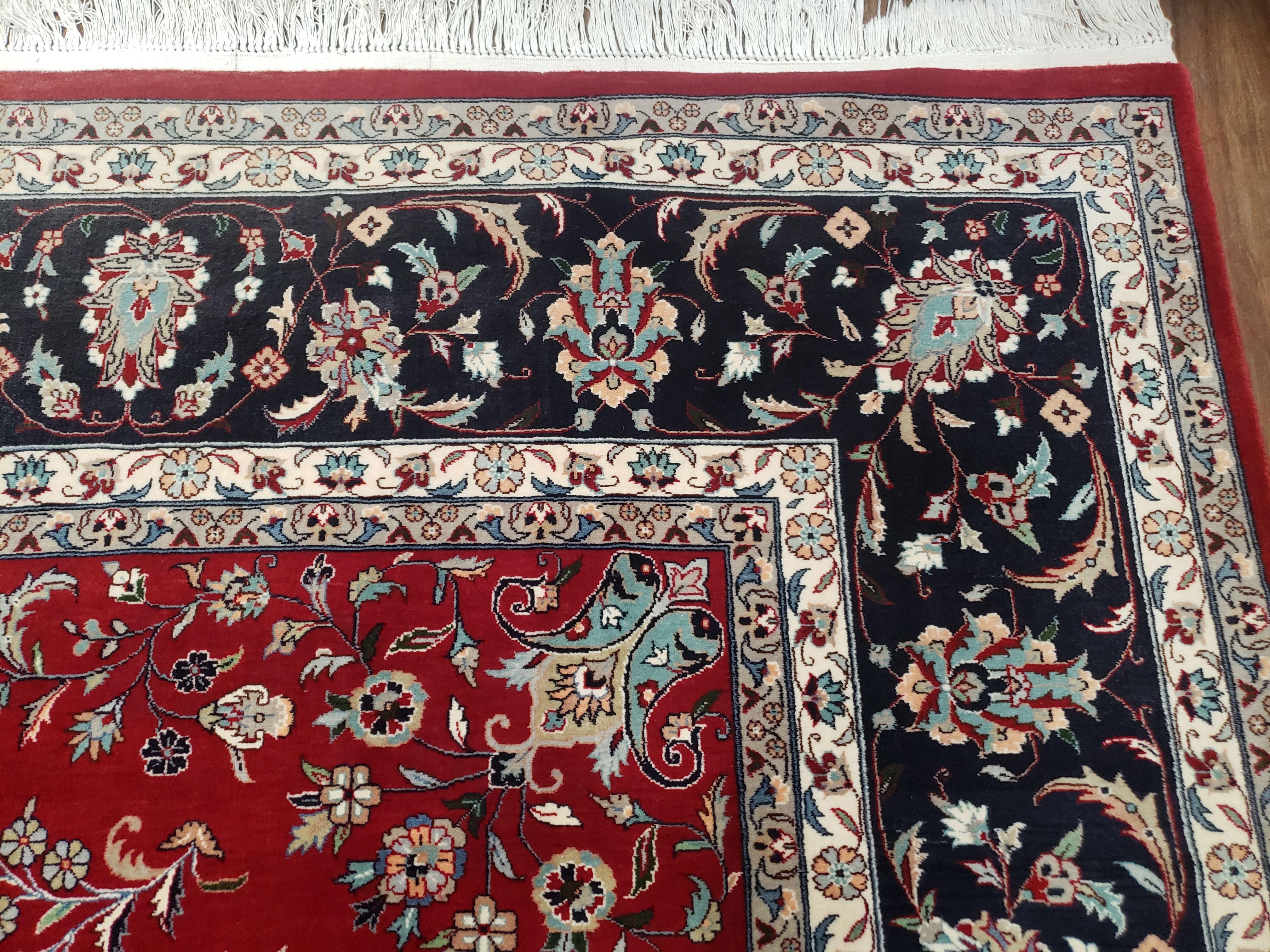 Traditional Persian Design Oriental Rug 9x12, Wool, Pak-Persian, Red & Dark Blue, Allover Pattern, Vintage, Hand-Knotted, 9 x 12 Carpet - Jewel Rugs