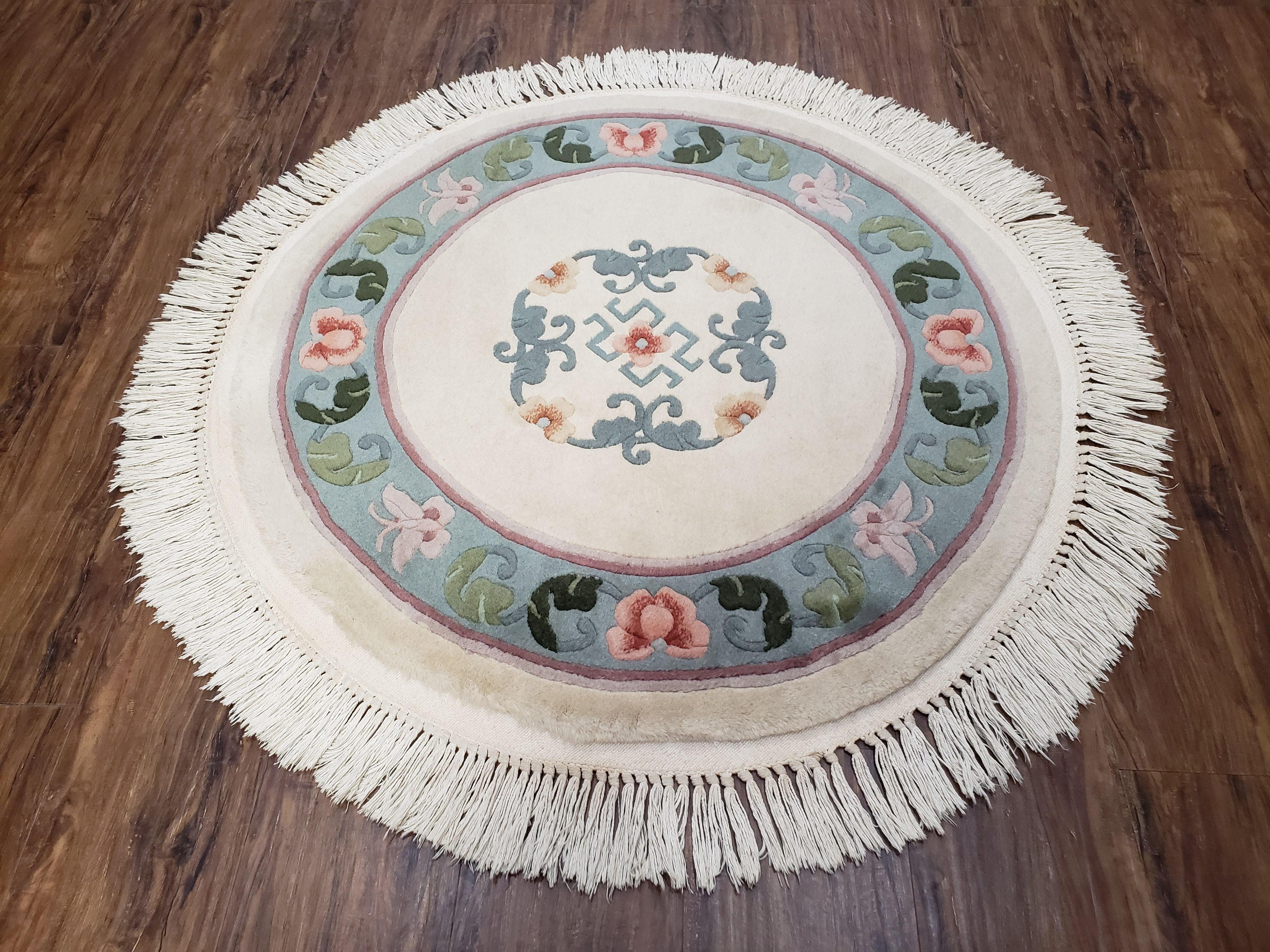 3' 2" Round Chinese Handmade Art Deco Wool Rug Ivory Teal - Jewel Rugs