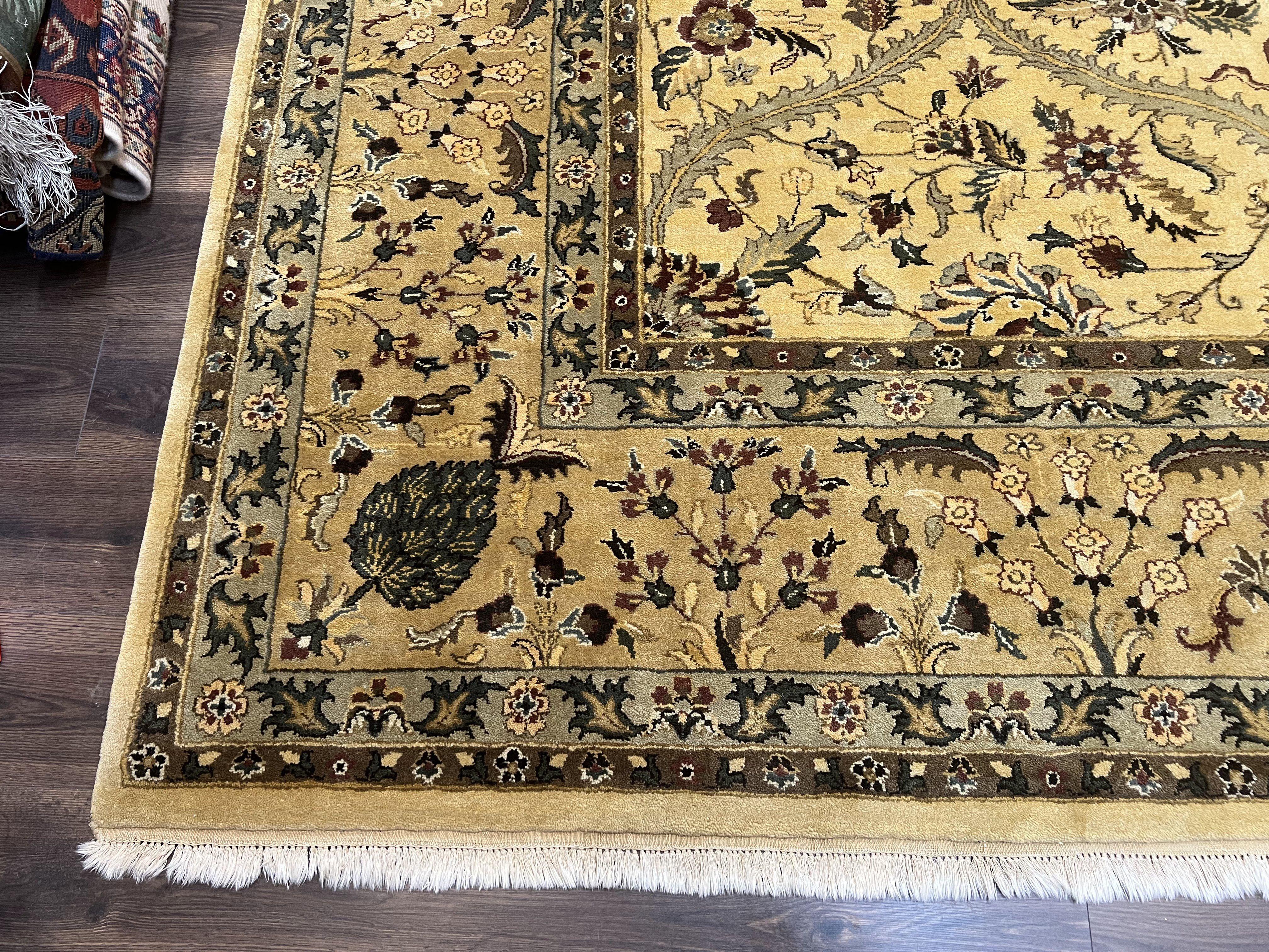 Indo Persian Mahal Rug 10x14, Wool Hand Knotted Oriental Carpet, Cream Floral Allover, Vintage Area Rug 10 x 14, Traditional Rug, Handmade - Jewel Rugs