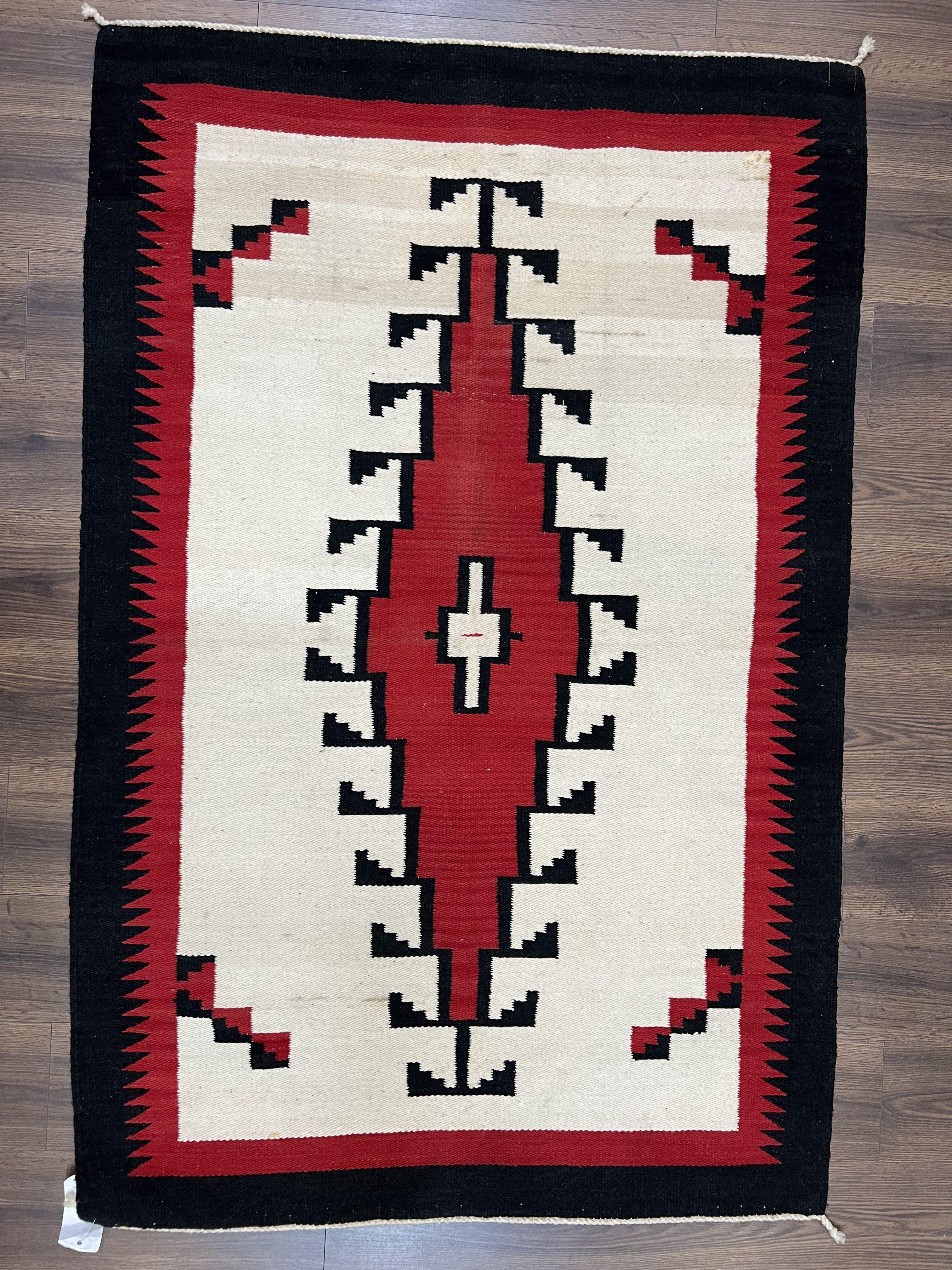 Antique Navajo Rug 4x6, Wool Handwoven Flatweave Collectible Navajo Territory Blanket, Tribal Carpet, Diamond Medallion, Ivory Red Black - Jewel Rugs