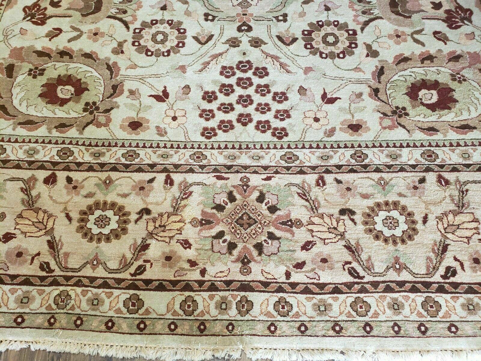 9' X 12' Handmade Indian Floral Wool Rug Hand Knotted Carpet Tea Washed Beige - Jewel Rugs