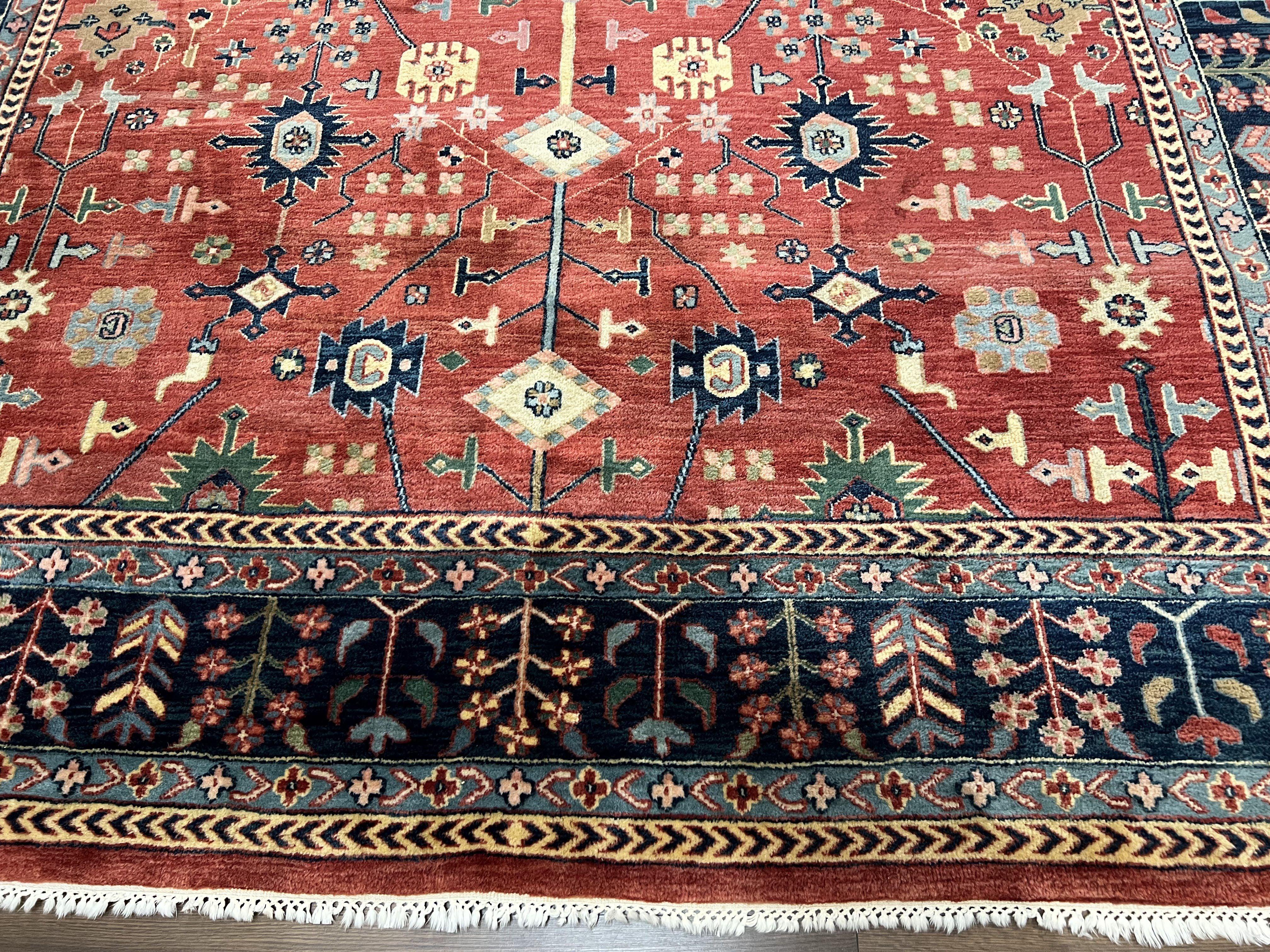 Indo Persian Heriz Rug 9 x 13 ft, Red and Navy Blue Oriental Carpet, Hand Knotted Wool Rug 9x13, Allover Pattern, Bohemian Rug, Living Room - Jewel Rugs