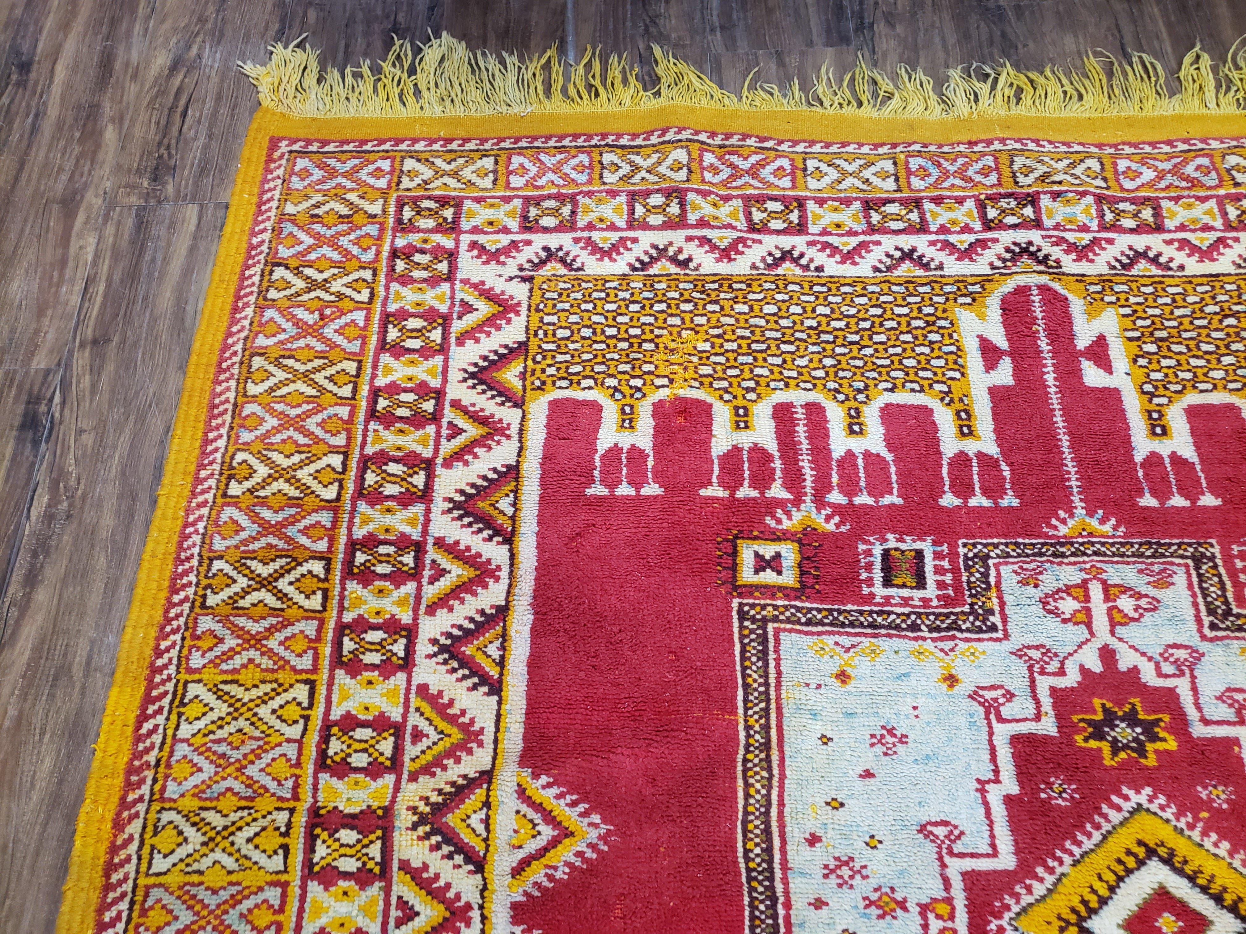 Vintage Moroccan Rug 6x10, Red and Yellow Moroccan Carpet, Handmade Bohemian Tribal Area Rug, Hand-Knotted 1970s Wool Rug, Medalions - Jewel Rugs