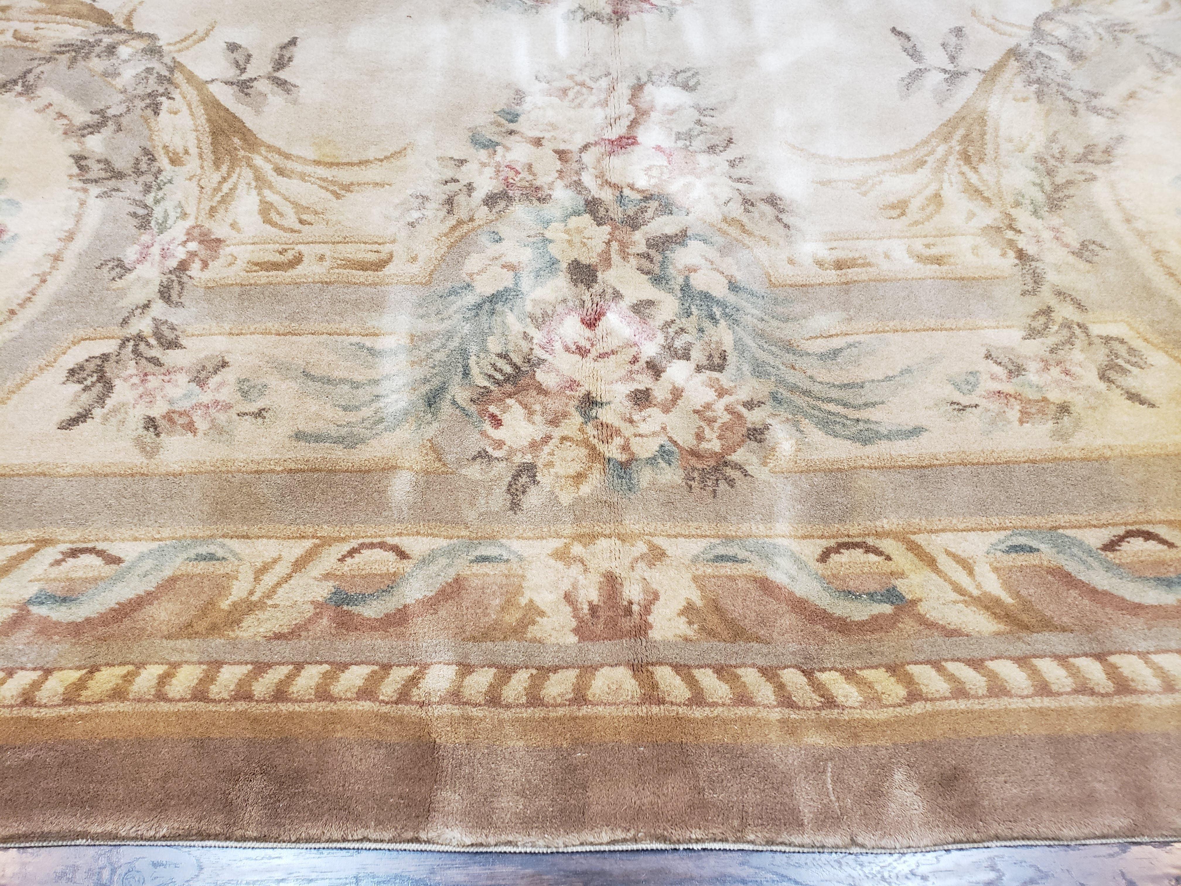 Vintage Chinese Aubusson Savonnerie Room Sized Rug 9.6 x 13.4, Wool Hand-Knotted Beige Carpet, 10x13 10x14 9x13 European Design, Living Room - Jewel Rugs