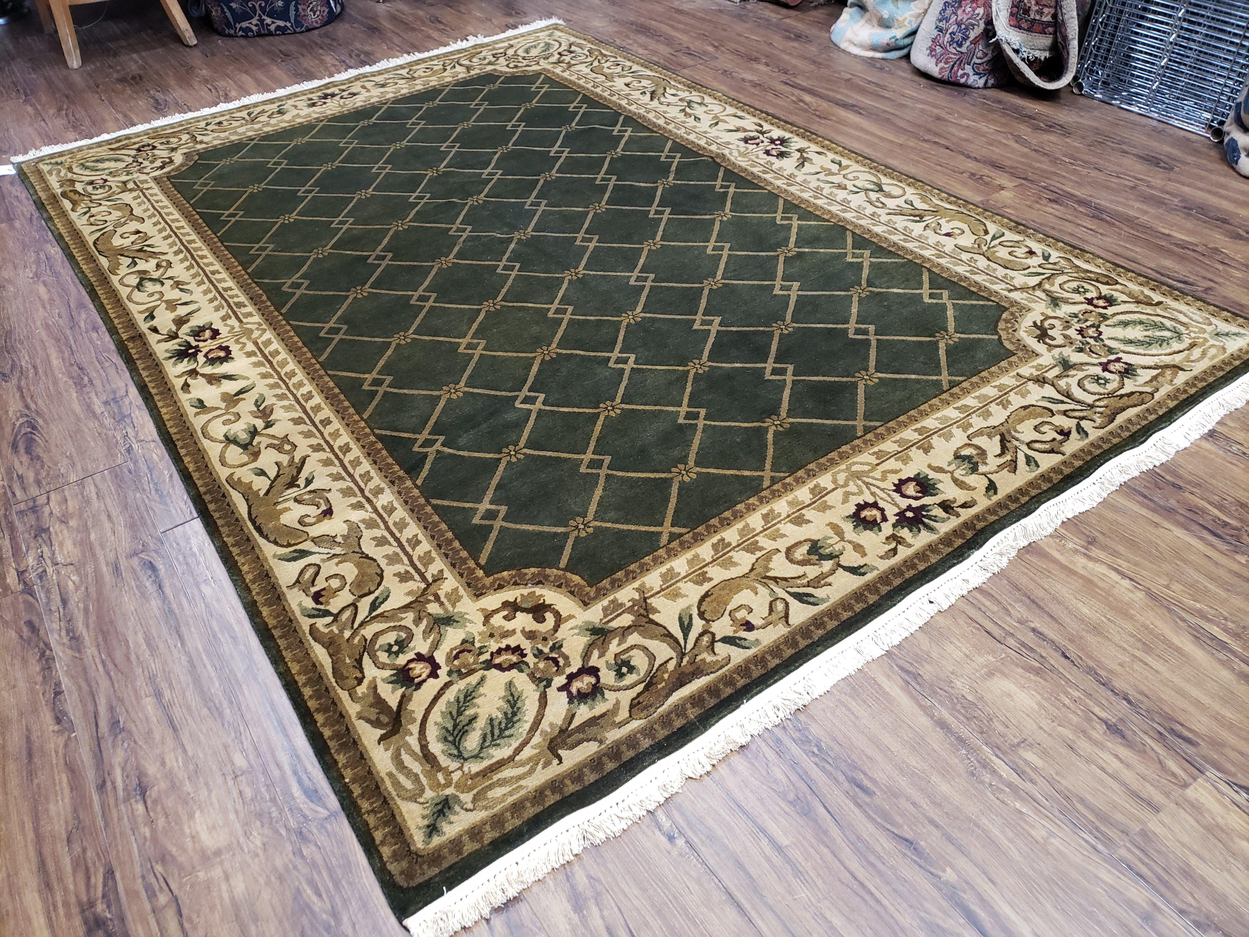 Vintage Napalese Aubusson Rug 6x9, Hunter Green & Beige Hand-Knotted Wool Carpet, 6 x 9 European Design Carpet, Handmade New Rug, Office Rug - Jewel Rugs