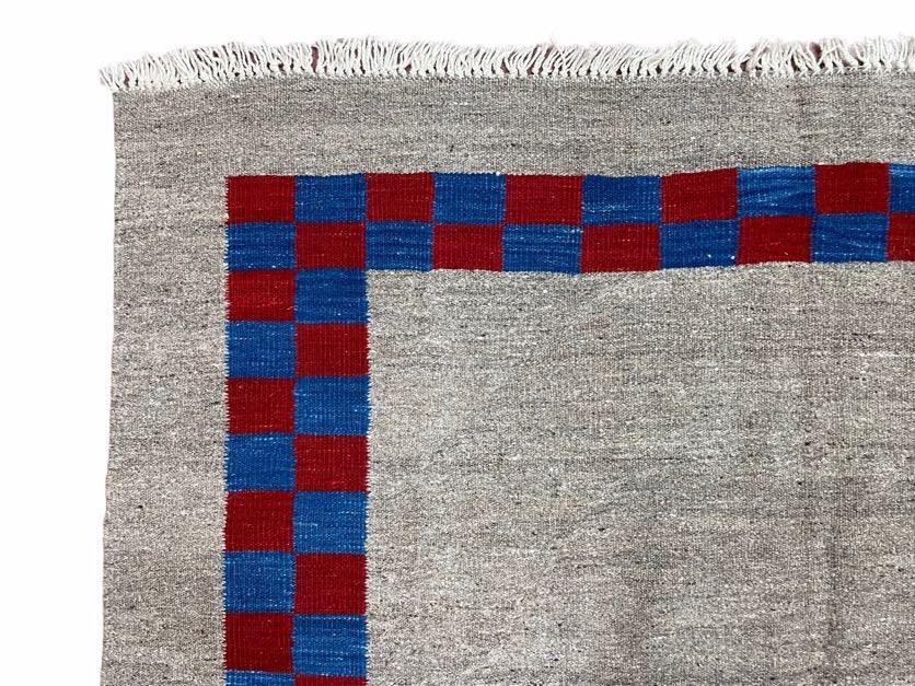 Gray Turkish Kilim Carpet 5' 7" x 7' 7", Medium Kilim Rug, Hand-Knotted, Blue & Red Border, Minimalistic Design, Geometric, Wool, New - Jewel Rugs