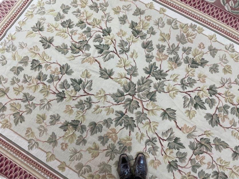 Traditional Aubusson Needlepoint Rug 9 x 12, Flowers, Flatweave Carpet, Hand-Knotted, Brand New, Cream Color, Green, Maroon Red, Wool - Jewel Rugs