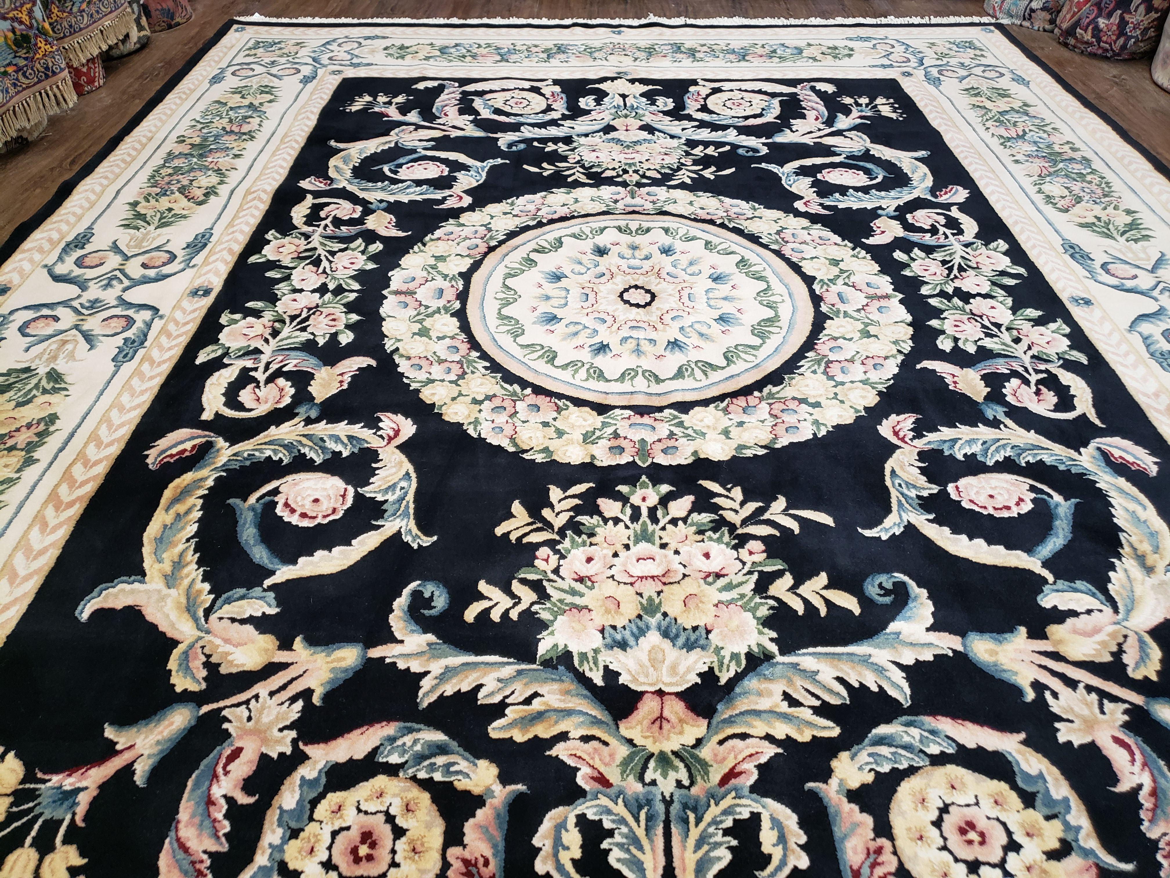 Vintage Chinese Aubusson Savonnerie Wool Area Rug, Hand-Knotted, Black & Beige, Elegant 9x12 Living Room Carpet 8.11 x 12.7 European Design - Jewel Rugs