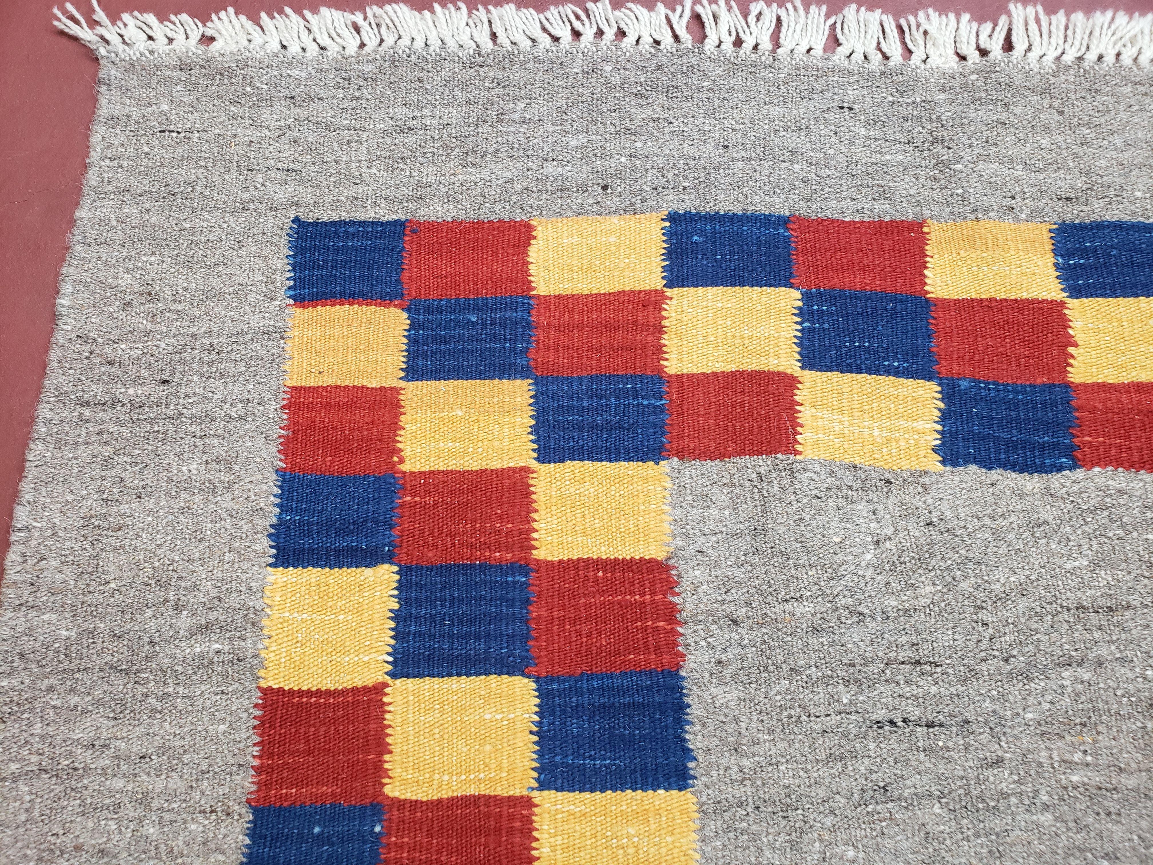 New Turkish Kilim Area Rug, Gray Carpet With Colorful Checker Border, 5'6" x 8", Flatweave Carpet, Playroom Rug, Kids Room Rug, Hand-Knotted - Jewel Rugs