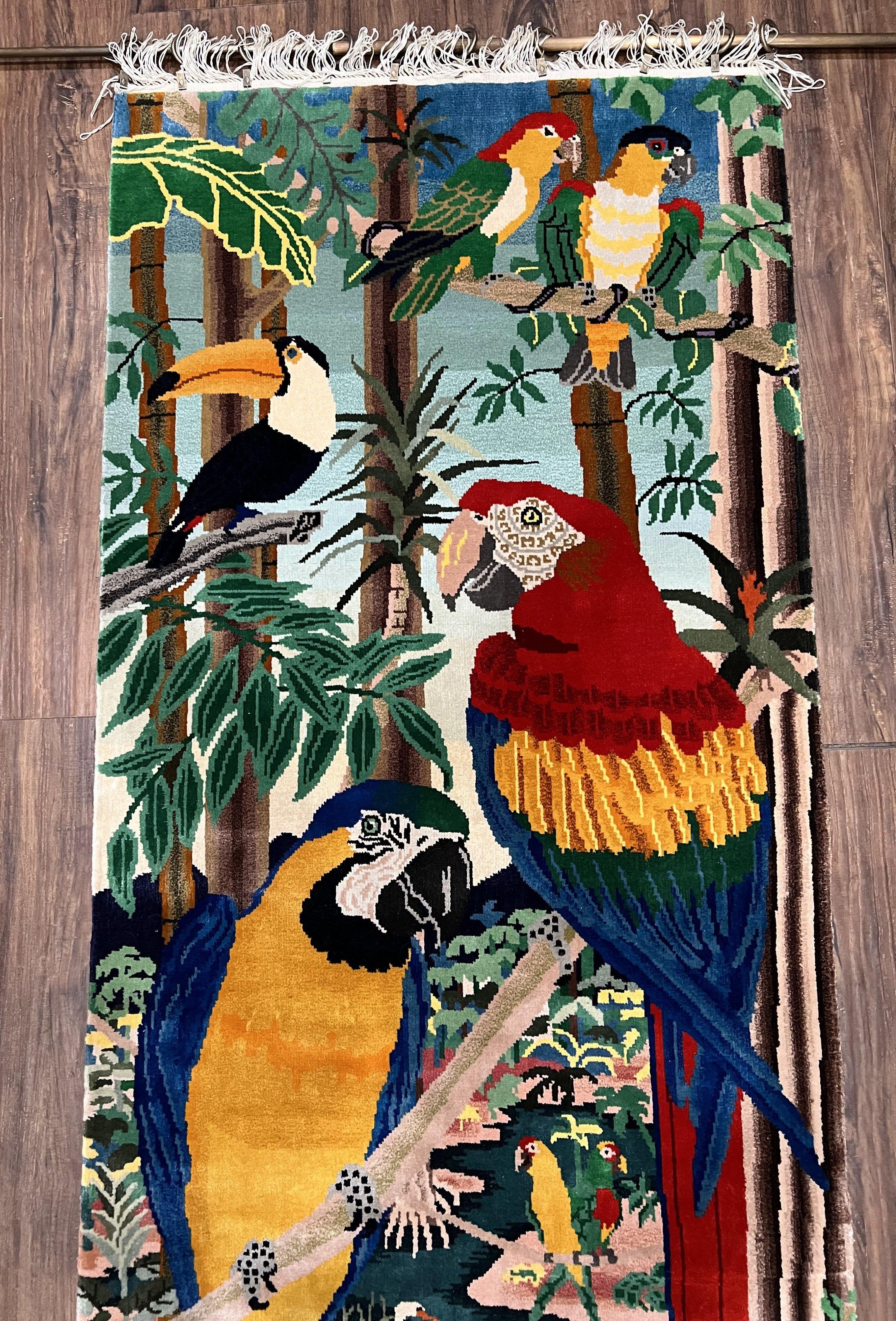 Chinese Wall Hanging Tapestry with Rod 2 x 6, Parrots Butterflies Safari Scene, Soft Wool on Silk Foundation, Handmade Hand Knotted Vintage - Jewel Rugs