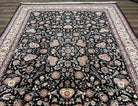 Pak Persian Rug 9x12, Floral Allover, Hand Knotted Oriental Carpet 9 x 12 ft, Black and Cream, Detailed, Wool with Silk Highlights, Vintage - Jewel Rugs