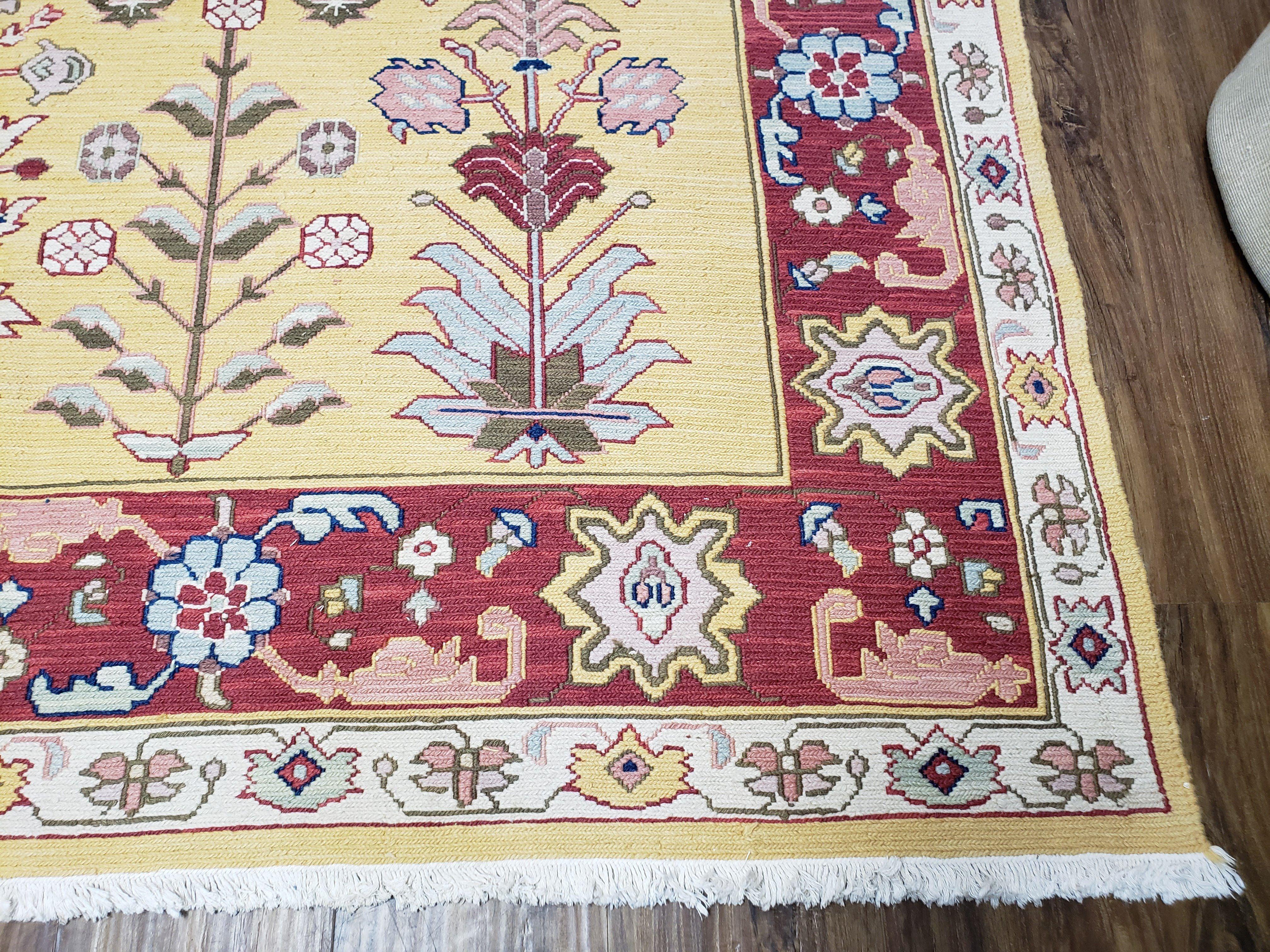 Vintage Indian Soumak Area Rug 9x12, Wool Hand-Woven Yellow Red Large Boho Carpet, Indian Bohemian Style Rug, 9 x 12 Rug - Jewel Rugs