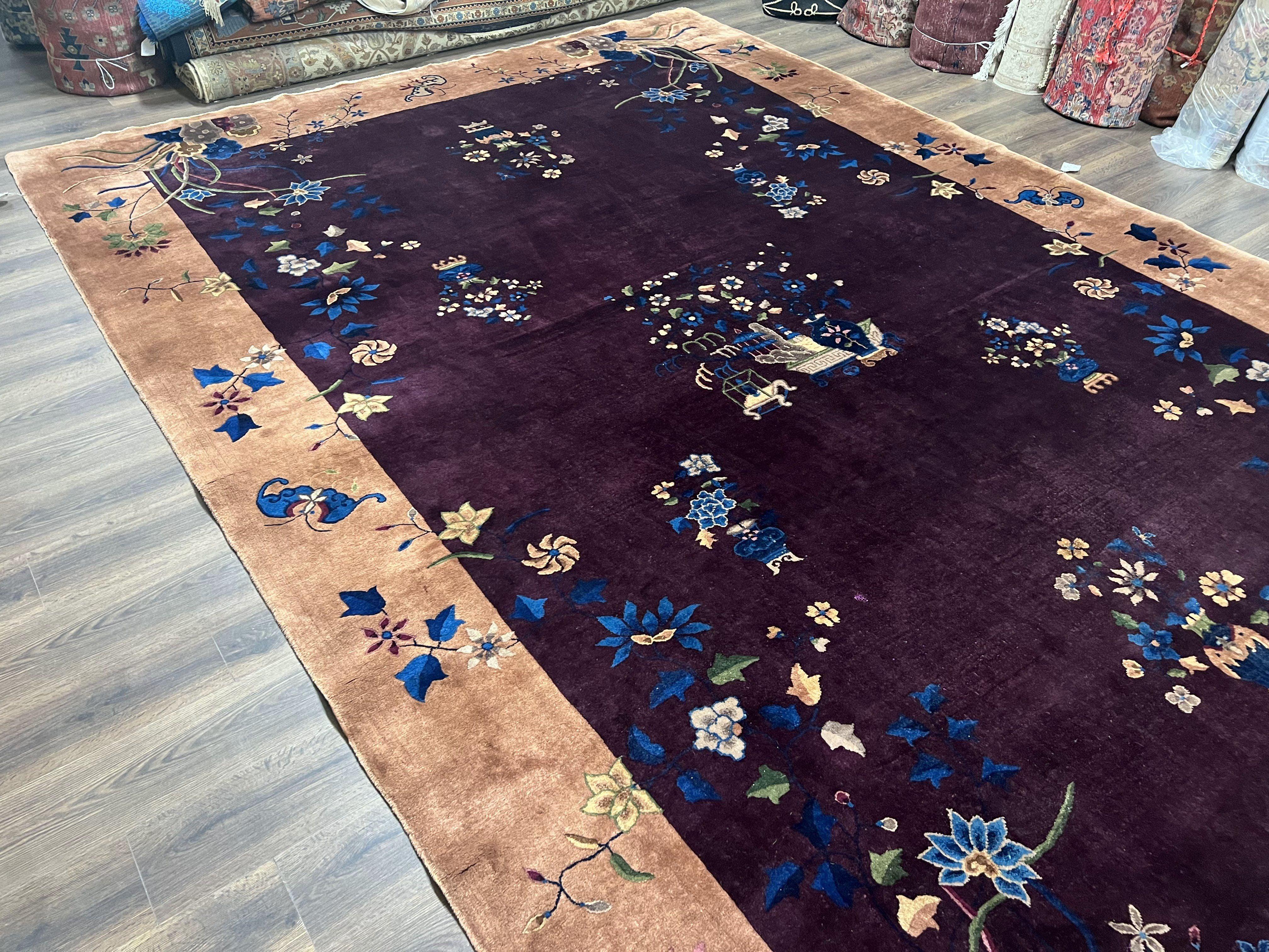 Antique Chinese Peking Rug 10x15, Purple and Tan Art Deco Carpet, Large Asian Oriental Wool Chinese Fete Hand Knotted Early 20th Century Rug - Jewel Rugs