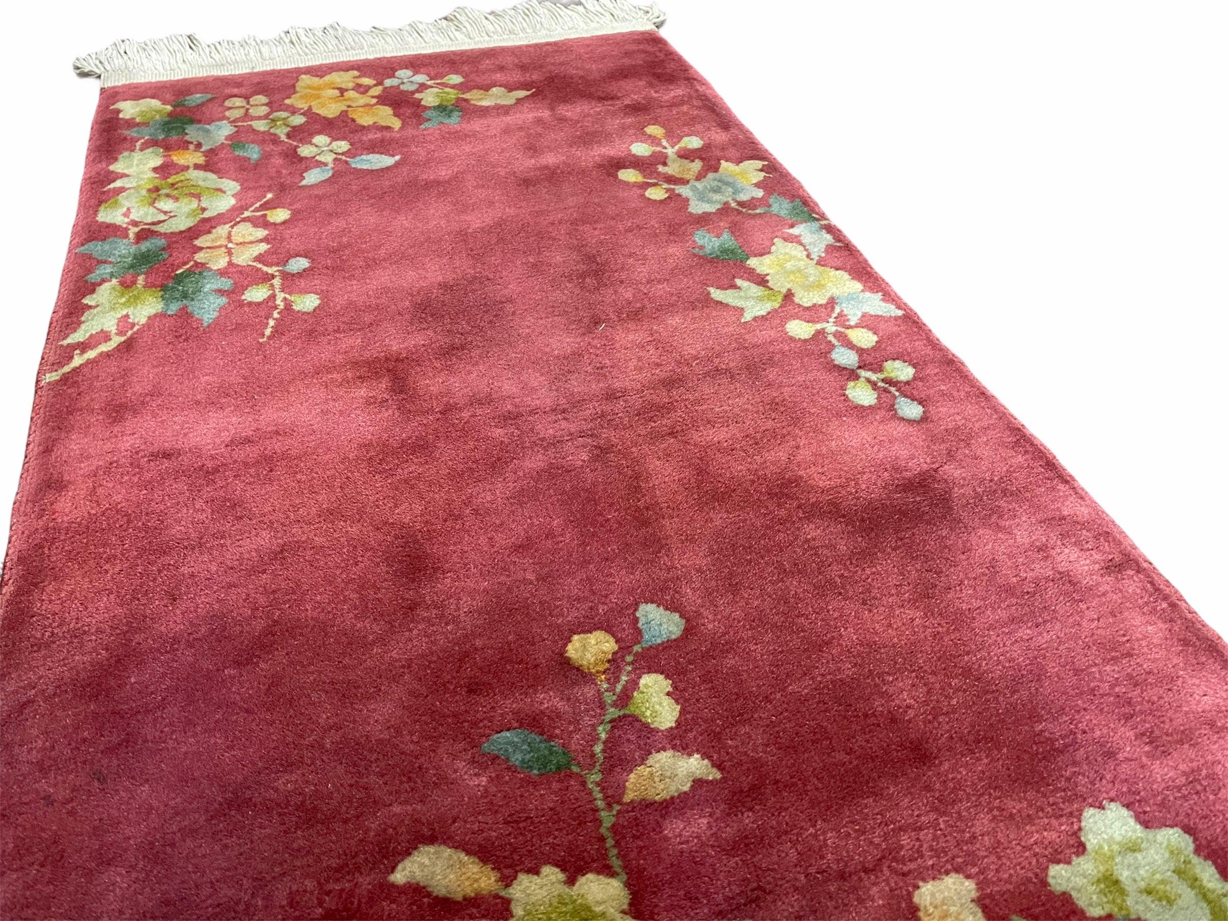 2x4 Handmade Chinese Art Deco Nichols Wool Rug Peking Carpet Flowers Rusted Red - Jewel Rugs