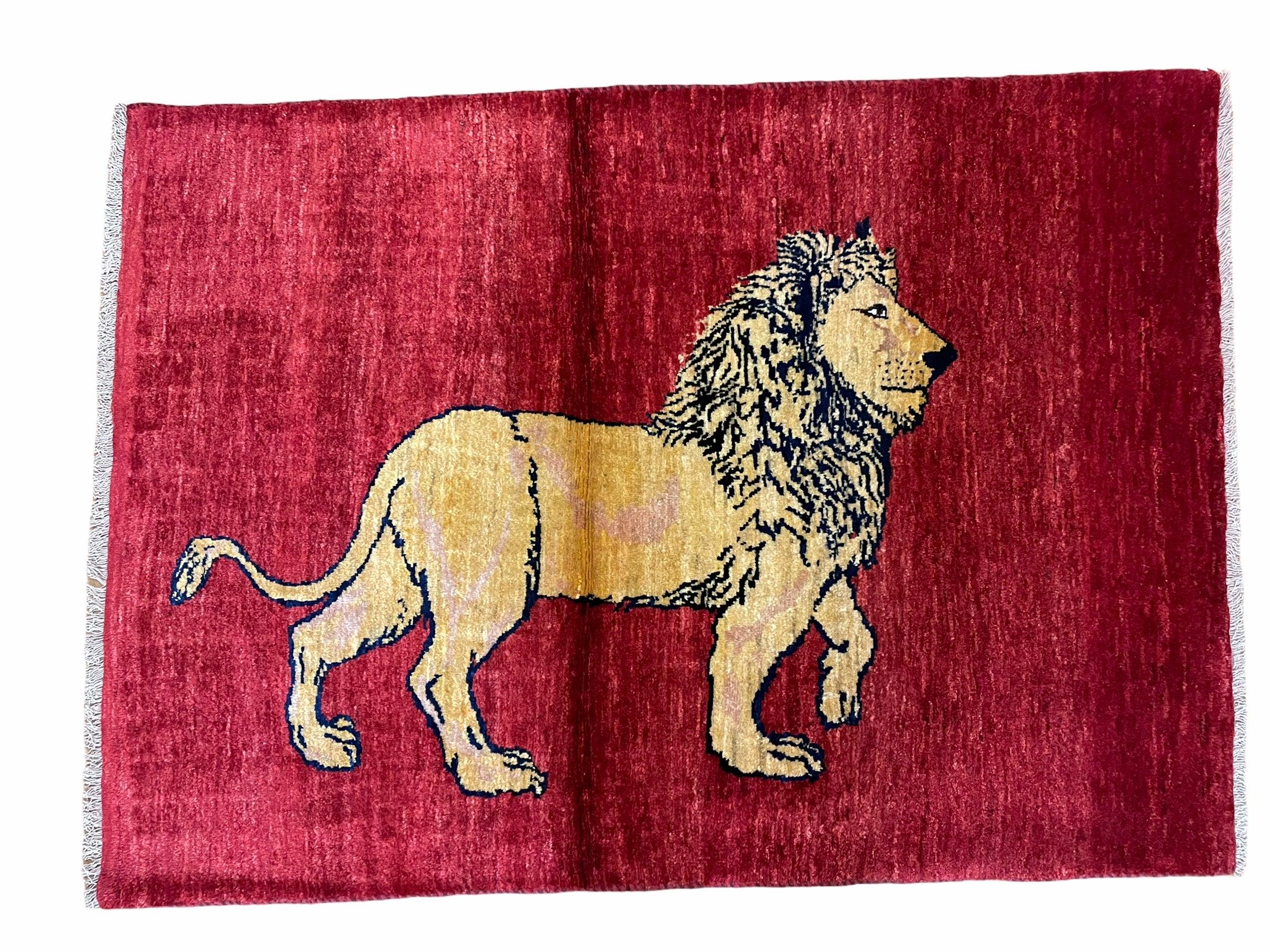 3 X 5 Handmade Hand-Knotted Quality Wool Rug New Vintage Lion Red Pictorial - Jewel Rugs