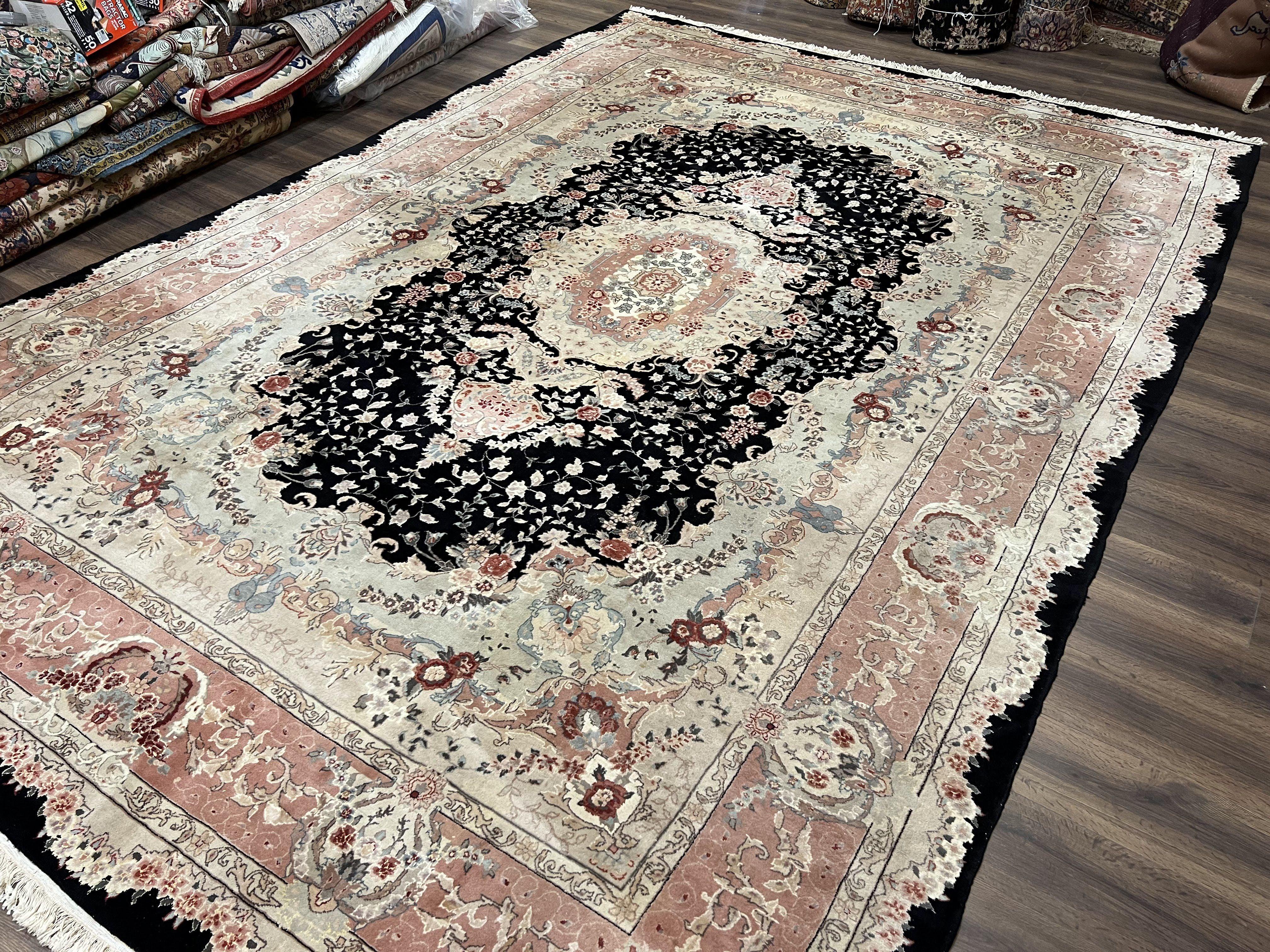 Large Sino Persian Rug 10x14, Wool Silk Accents, Central Medallion, High Quality Oriental Carpet, Handmade Vintage Rug 10 x 14, Fine, Black - Jewel Rugs