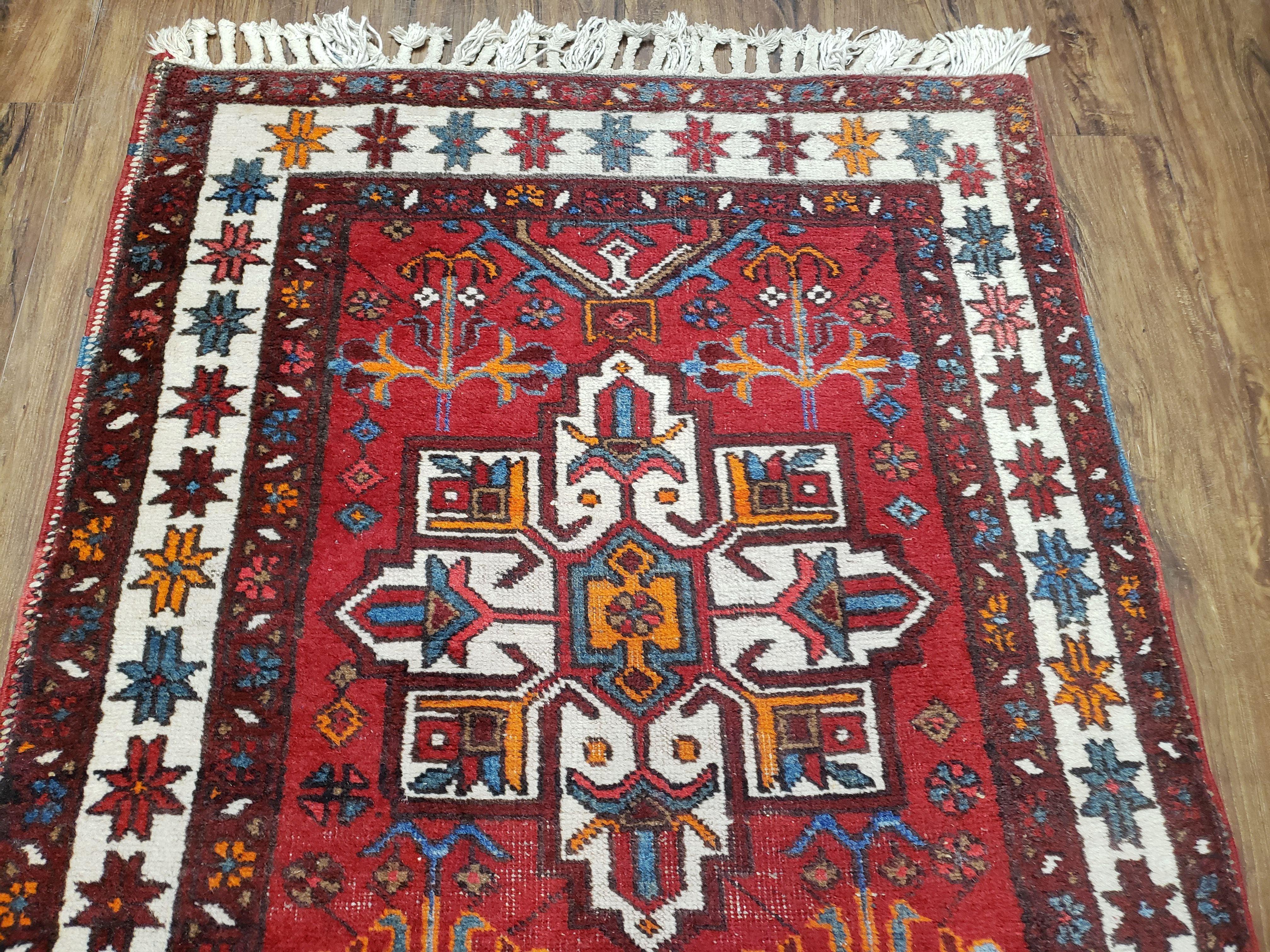 Antique Persian Heriz Karajeh Runner Rug, Red, Hand-Knotted, Wool, 3' 3" x 10' 11" - Jewel Rugs