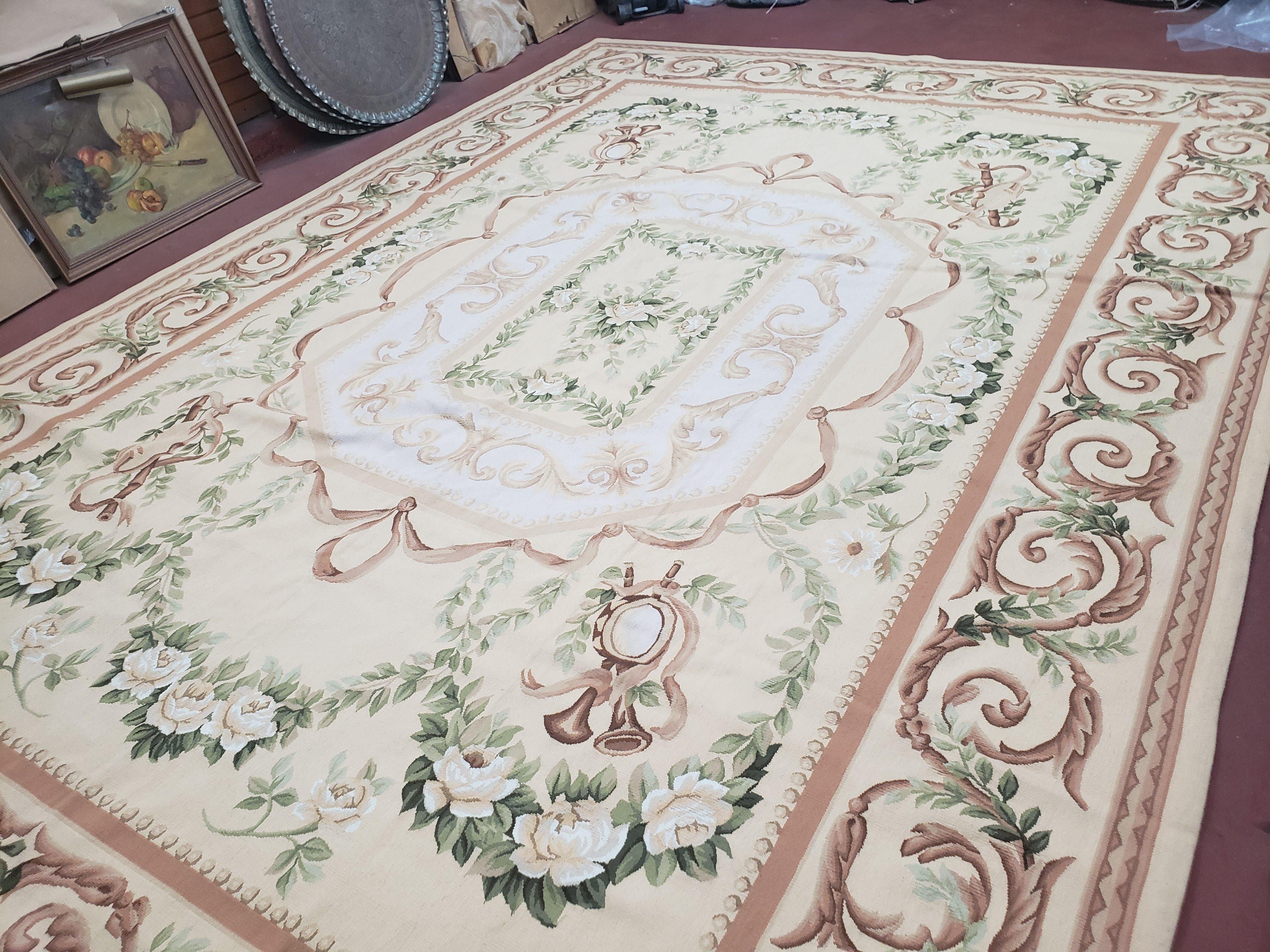 Elegant Aubusson Rug 10 x 14, Cream and Ivory Simple Aubusson Floral Carpet, Hand-Woven, European, New Aubusson Rug, Wool Area Rug, Violins - Jewel Rugs