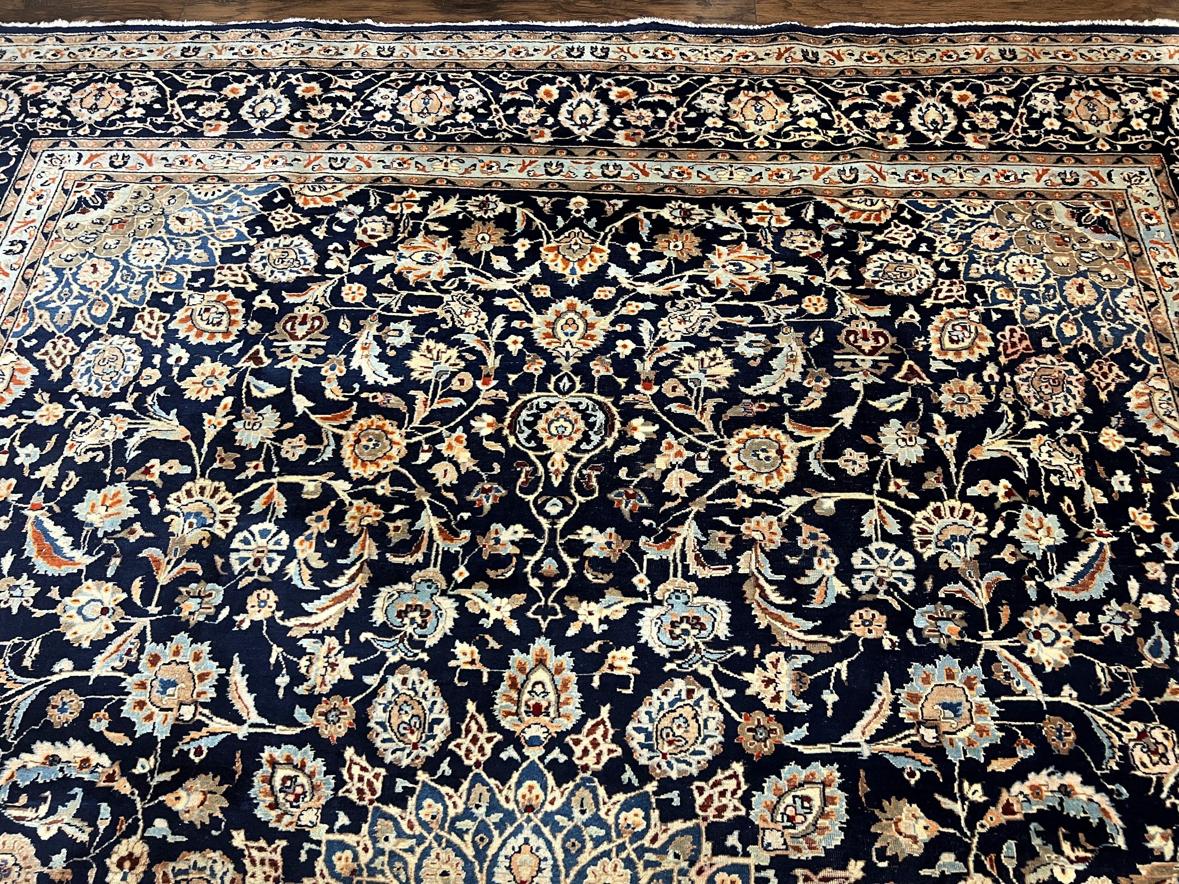 Wonderful Persian Kashan Rug 10x13, Navy Blue Light Blue Tan, Hand Knotted Wool Oriental Carpet Floral Allover Medallion 1950s Semi Antique Vintage - Jewel Rugs