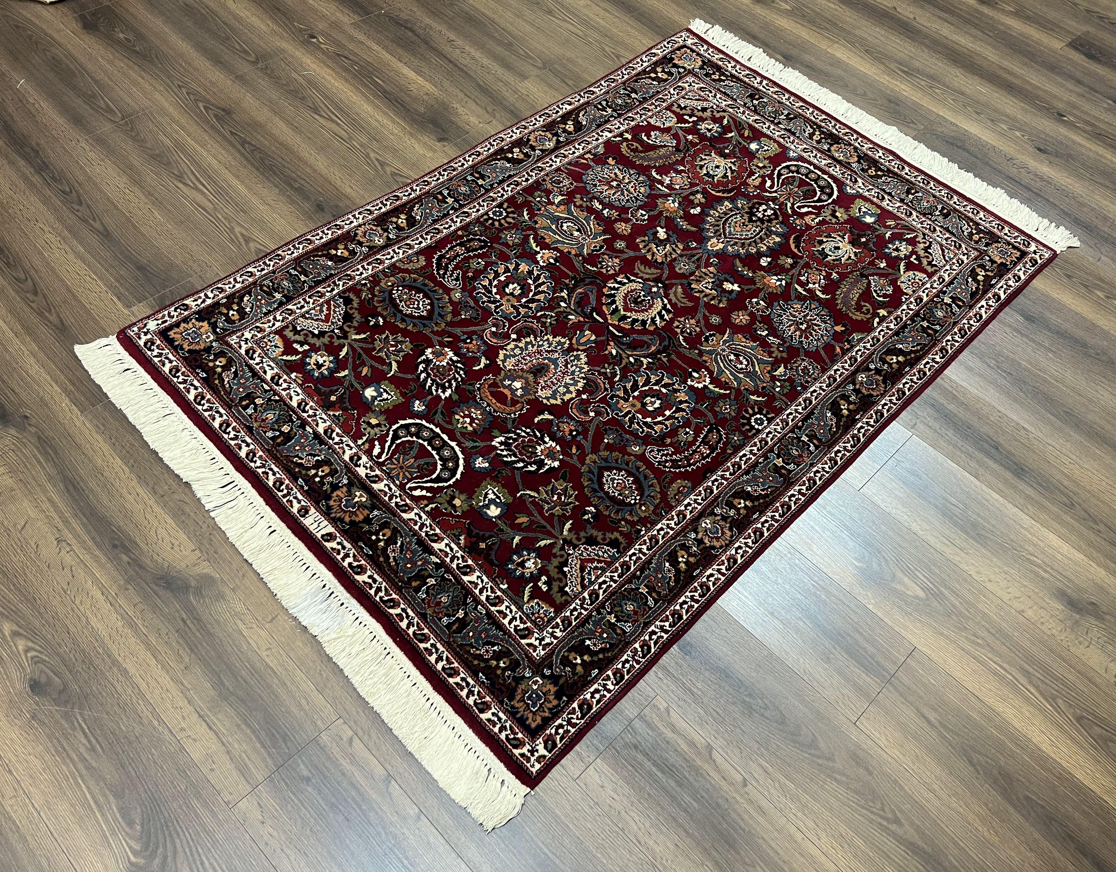 Persian Rug 4x6, Wine Red Persian Mashad Oriental Carpet, Floral Allover, Dated Signature, Hand Knotted Vintage Rug, Wool Rug 4 x 6, Entryway Rug - Jewel Rugs