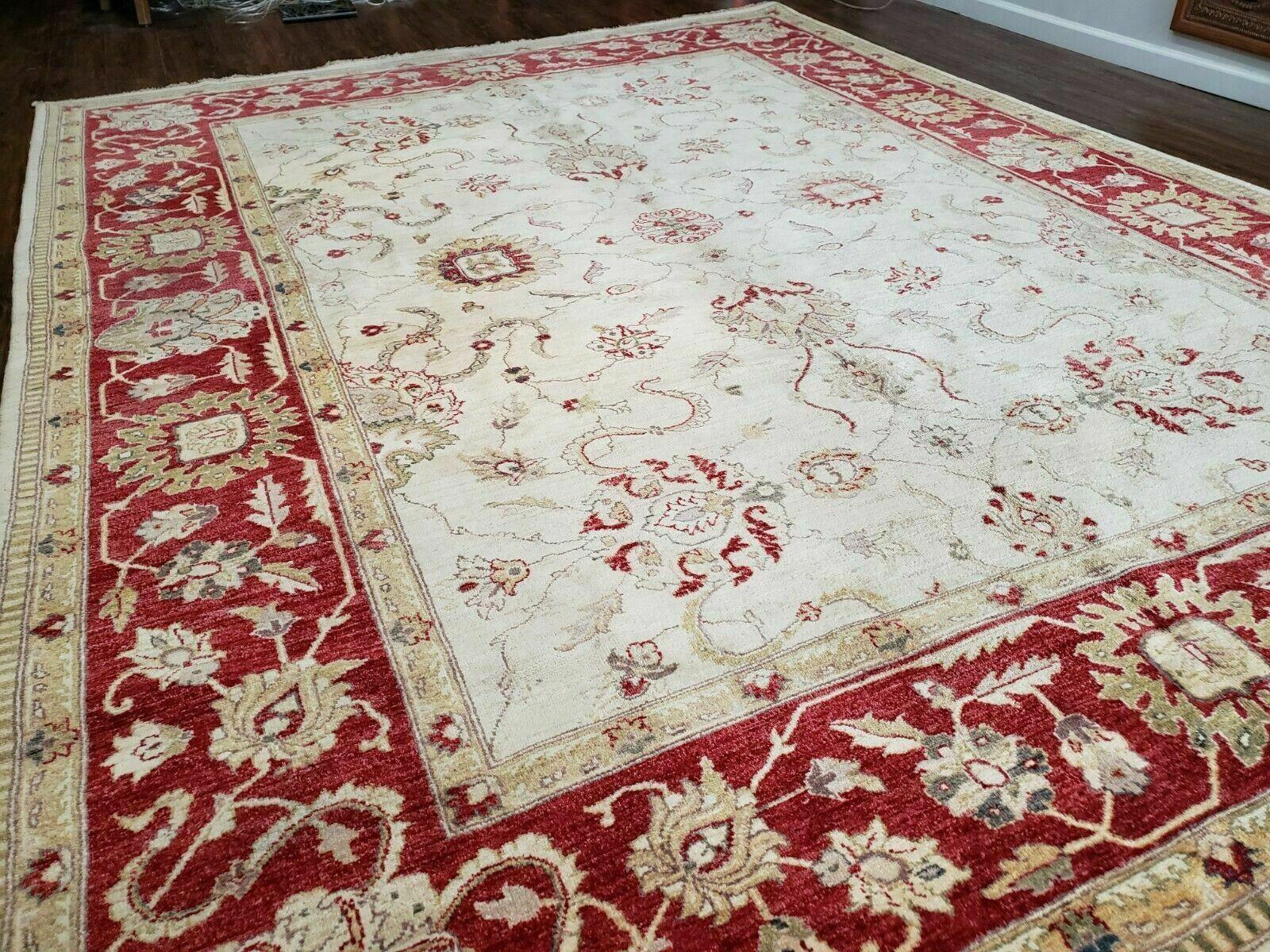 9' X 12' Handmade Pak Peshawar Oushak Wool Rug Oatmeal Beige Red Organic Nice - Jewel Rugs