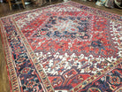 Semi Antique Persian Heriz Rug, Red Ivory & Blue, Hand-Knotted, Wool, 8'4" x 10'8" - Jewel Rugs