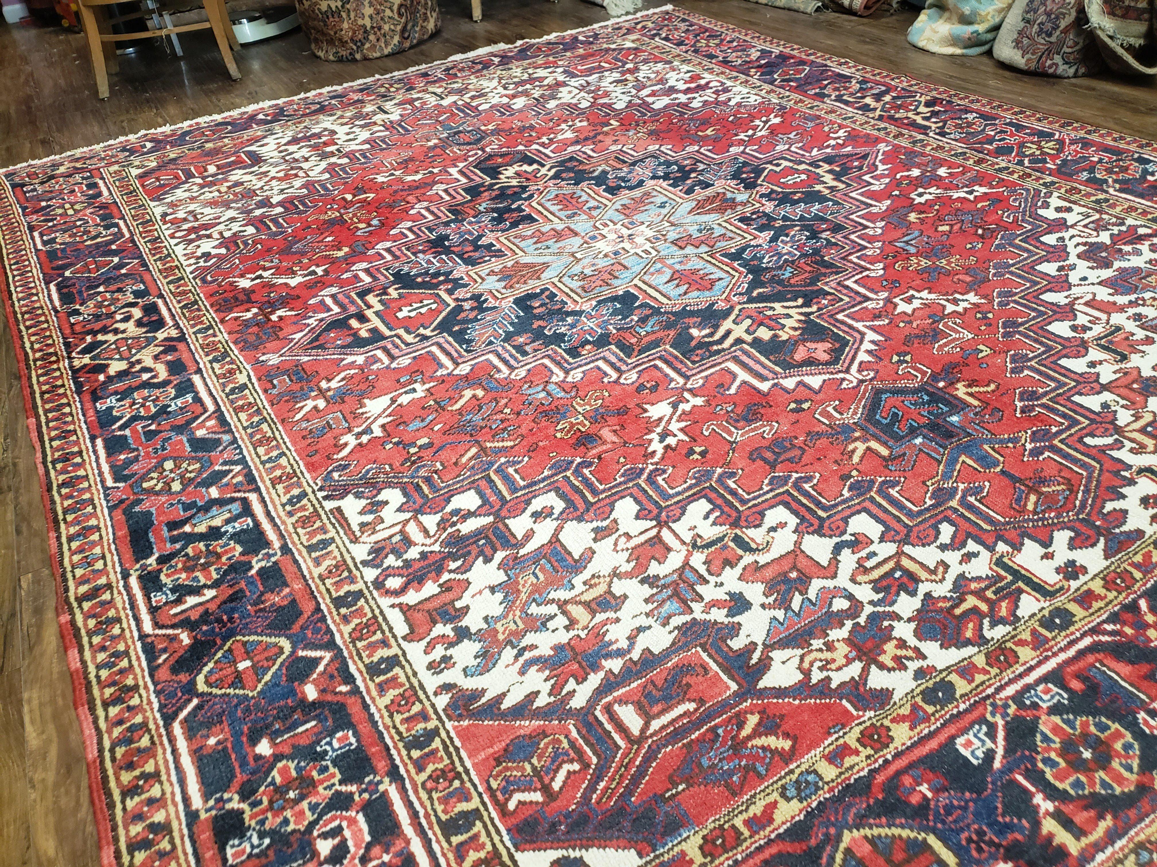 Semi Antique Persian Heriz Rug, Red Ivory & Blue, Hand-Knotted, Wool, 8'4" x 10'8" - Jewel Rugs