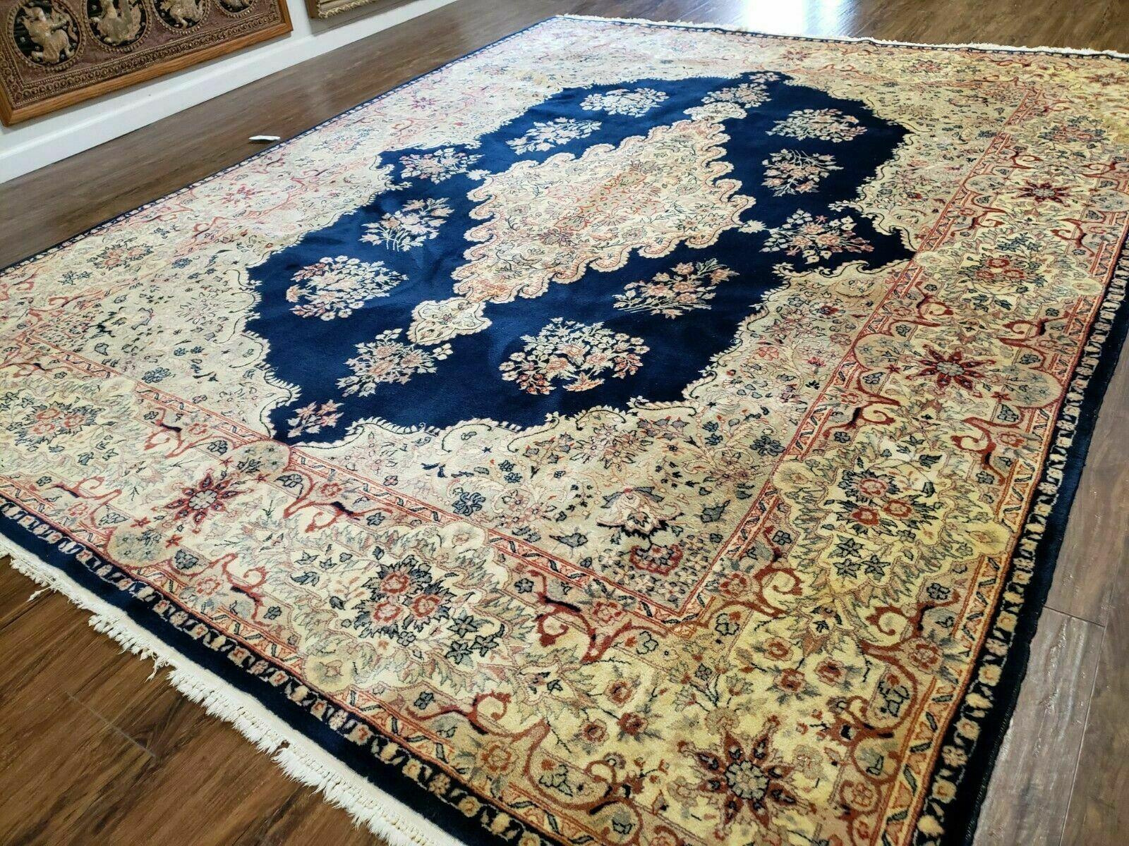 9' X 12' Vintage Indian Oriental Kirman Rug Medallion Hand Knotted Wool Blue - Jewel Rugs