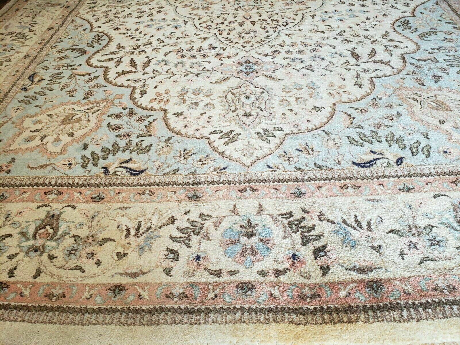 10' X 13' Vintage Handmade Indian Amritsar Wool Rug Oatmeal Soft Blue - Jewel Rugs