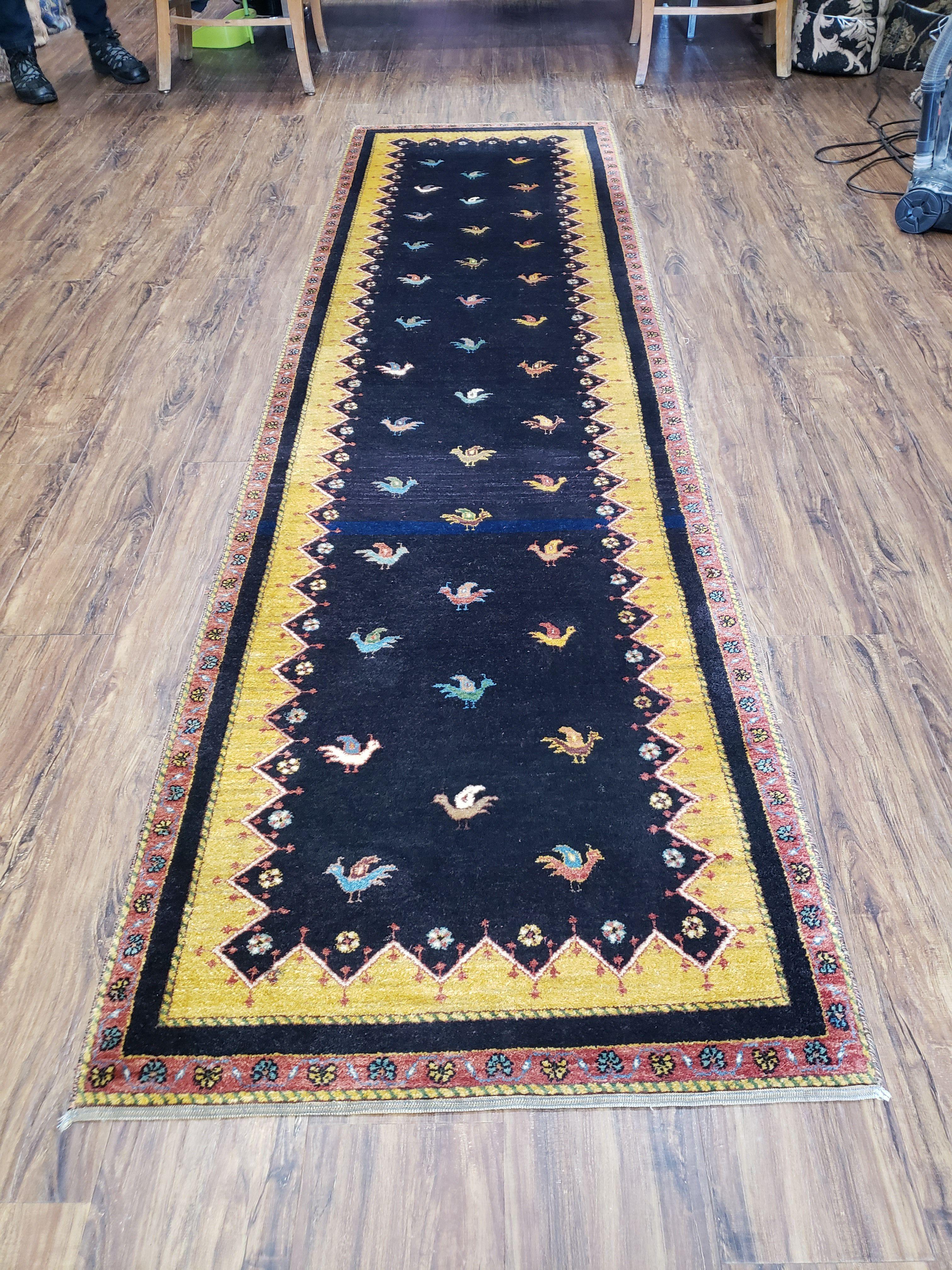 2' 4" X 9' 9" Handmade India Oriental Wool Runner Rug Birds Navy Blue Yellow - Jewel Rugs