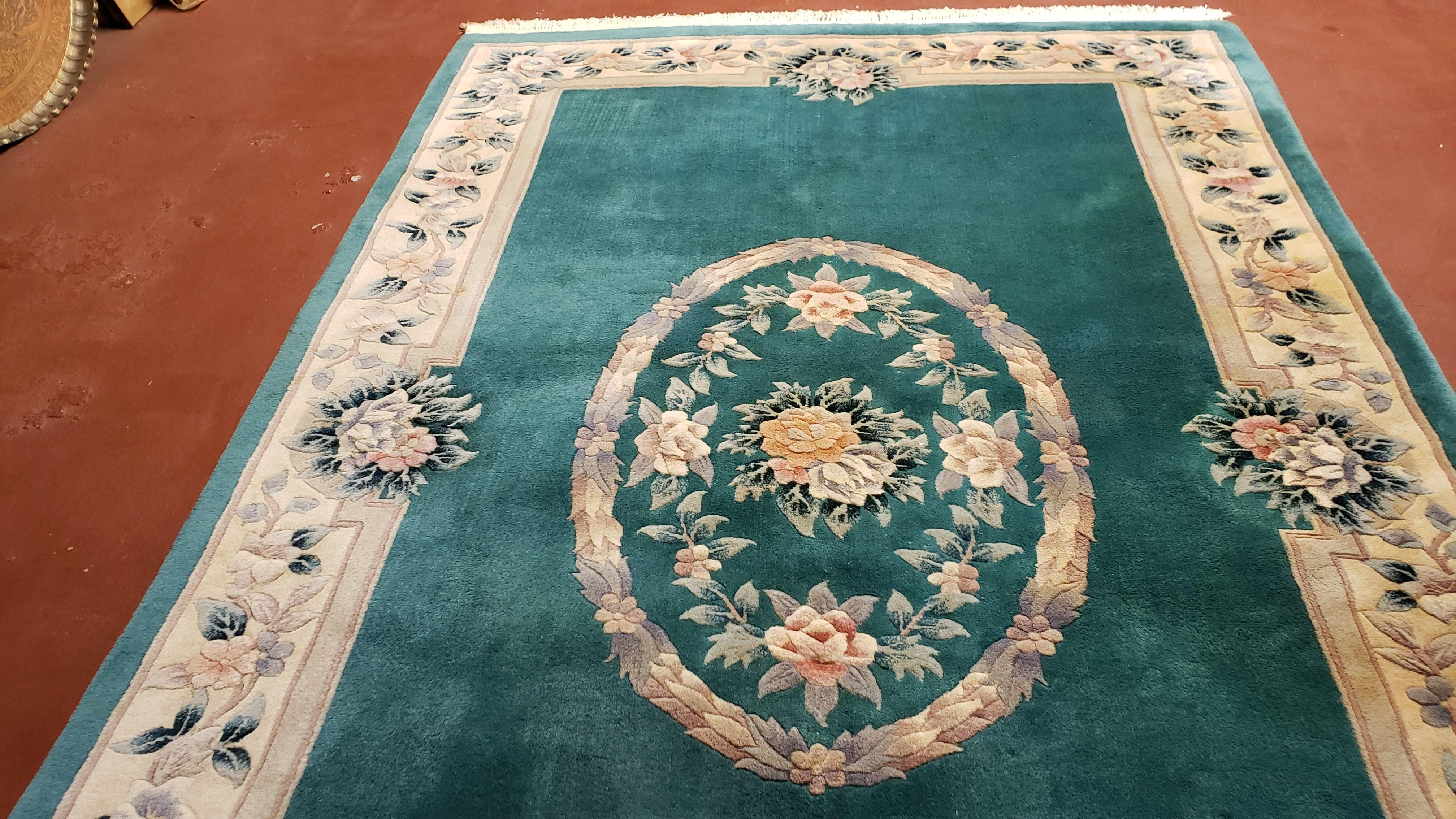 Teal Chinese Rug 6x9, Vintage Chinese Wool Carpet, Aubusson Pattern, Beige Border, Floral Design, Handmade Area Rug, Soft Plush Pile - Jewel Rugs