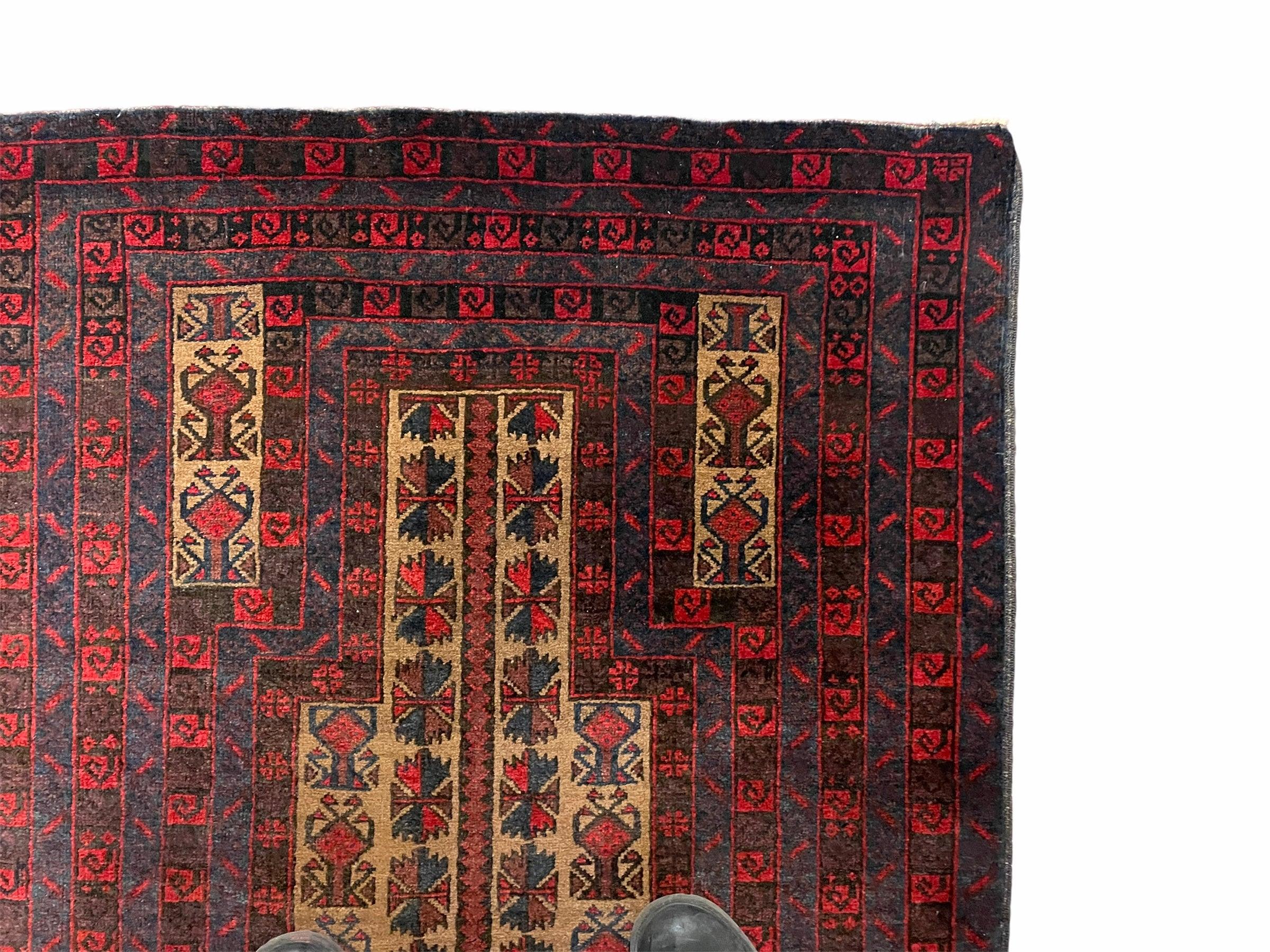 3 X 3.5 New Vintage Handmade Wool Rug Tribal Turkoman Balouch Red Prayer Rug - Jewel Rugs