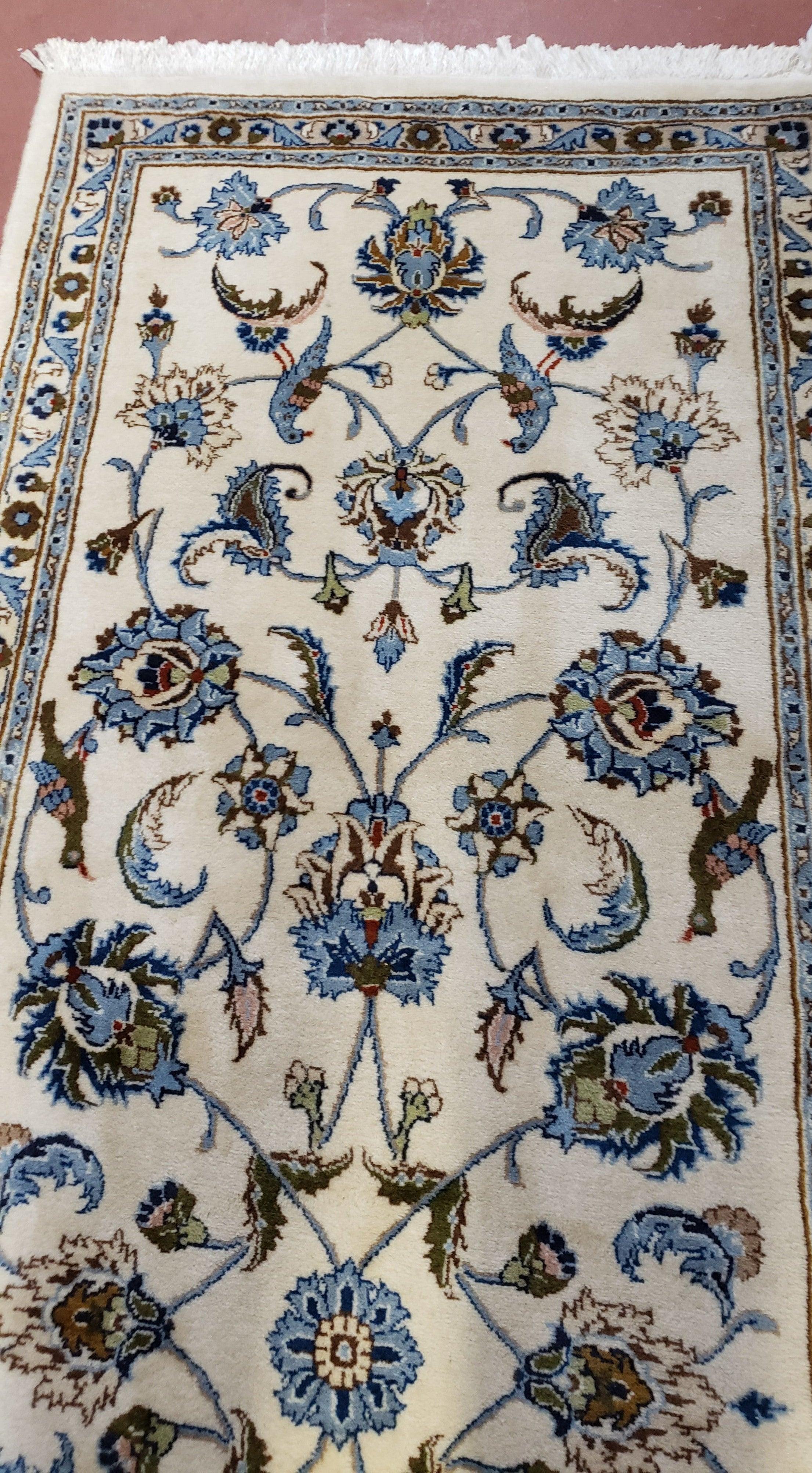 Vintage Persian Kashan Runner, 3 x 8 ft, Ivory & Light Blue, Birds, Wool, Hand-Knotted - Jewel Rugs