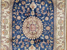 Small Silk Turkish Kayseri Rug 2'4" x 4', Fine Oriental Carpet, Vintage Traditional Floral Medallion Silk Rug, Hand-Knotted Navy Blue Beige - Jewel Rugs