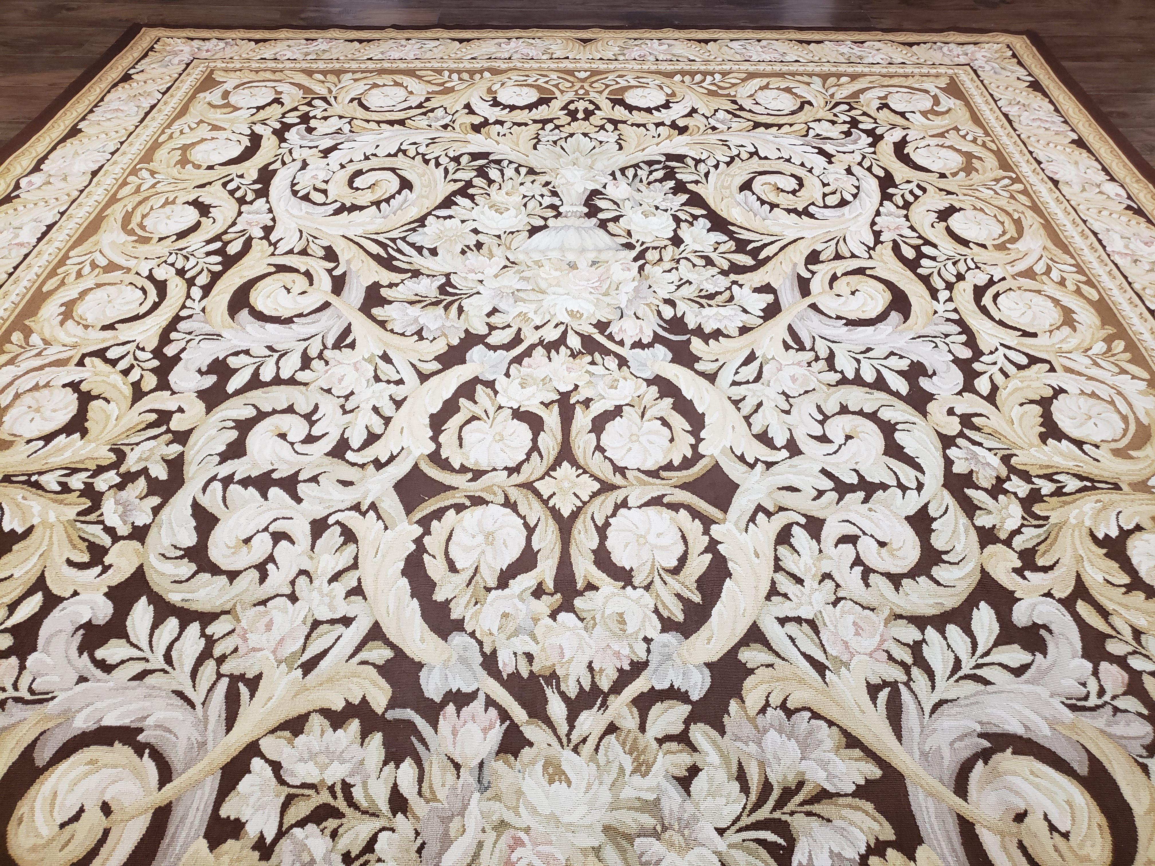 Vintage Aubusson Savonnerie Floral Area Rug, 8x12 - 9x12 Wool Handmade Dark Brown Chinese Aubusson Flatweave Rug, Bedroom Rug, Living Room - Jewel Rugs