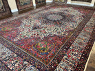 Spectacular Antique Persian Yazd Rug 12x19, Oversized Carpet 12 x 19, Palace Sized Hand Knotted Wool Rug, Floral Medallion, Kirman Lavar, Ivory Red - Jewel Rugs