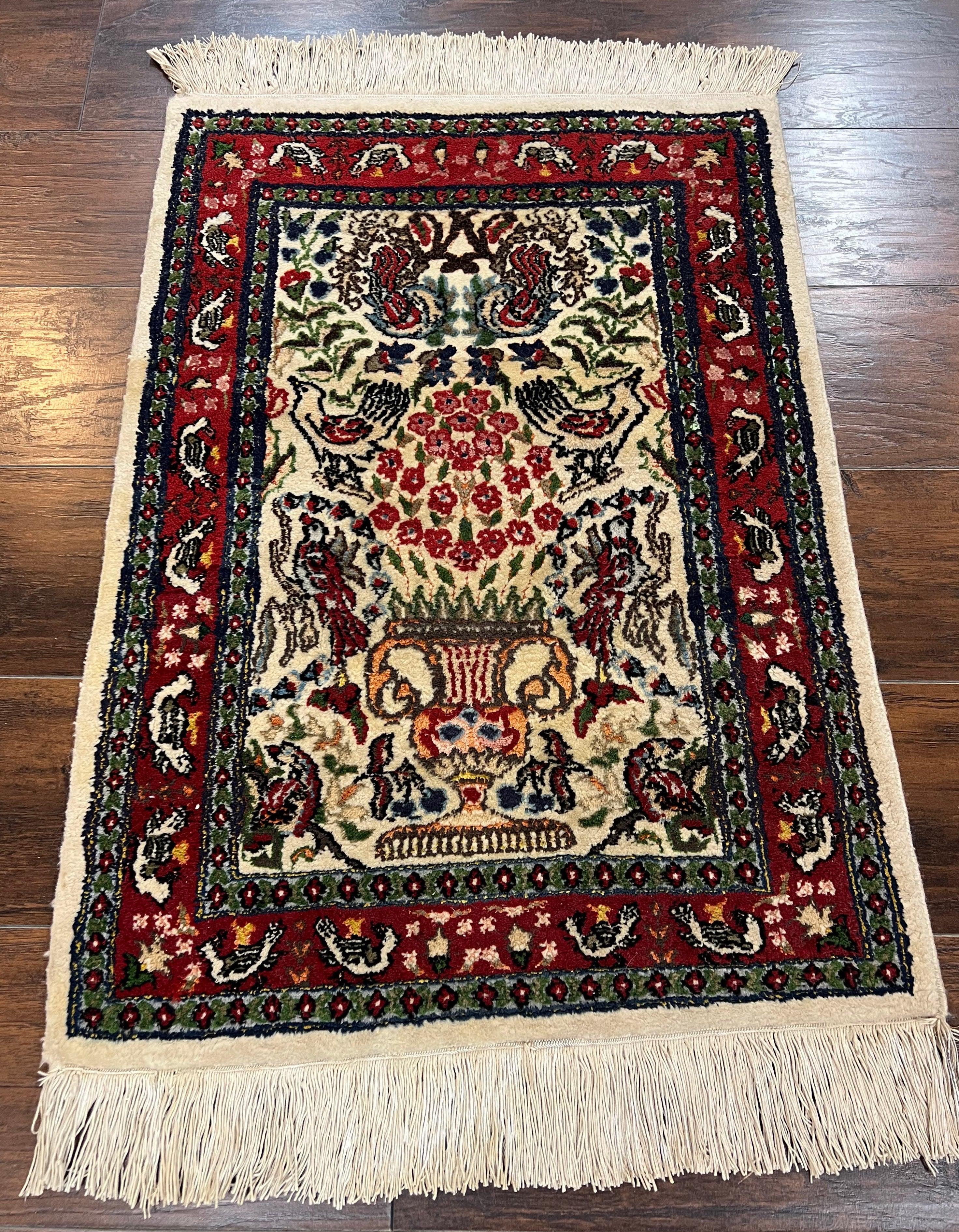 Small Indo Persian Rug 2x3 ft, Wool with Silk Highlights, Animal Pictorial Motifs Birds Vase Flowers, Cream and Maroon, Hand Knotted Fine - Jewel Rugs