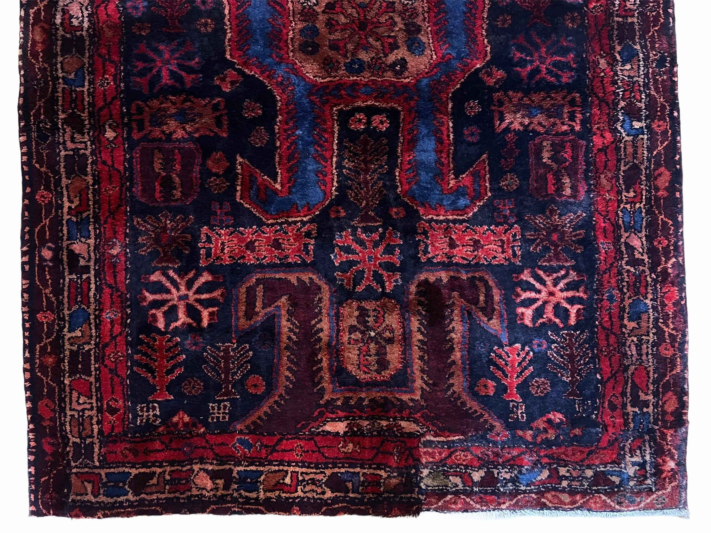 4 X 6 Antique Handmade Wool Tribal Hand-Knotted Rug Geometric Blue Red Veg Dyes - Jewel Rugs