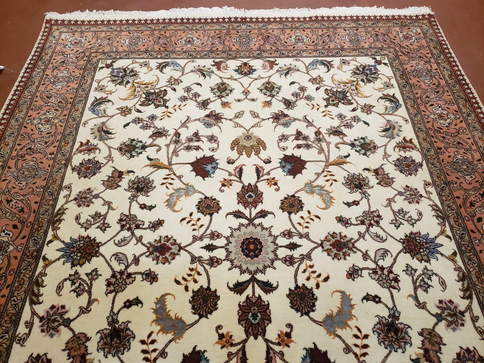 Semi Antique Persian Tabriz Rug, Beige and Salmon Red, Floral Pattern, Hand Knotted, Wool, 5x7 ft - Jewel Rugs