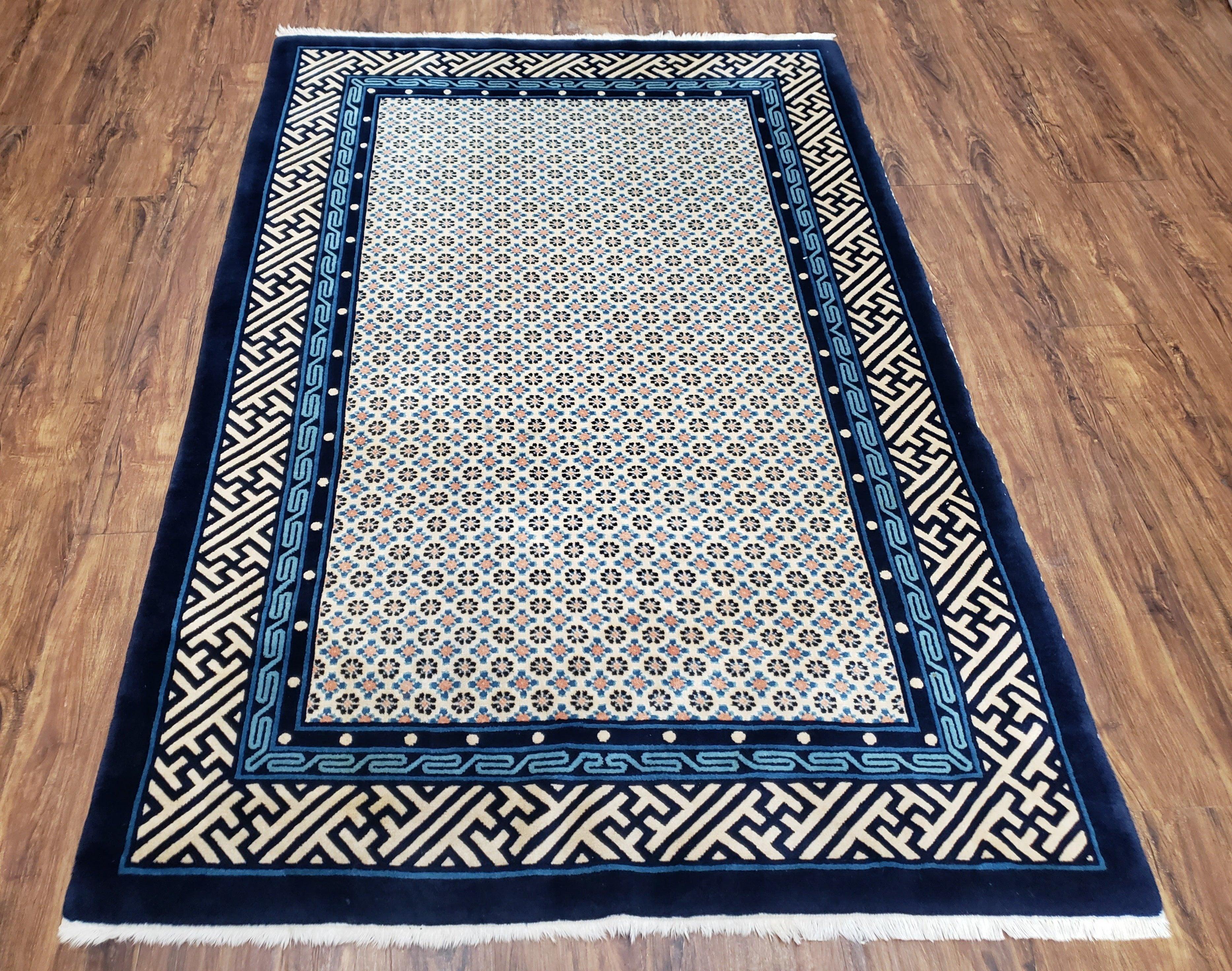 Vintage Chinese Peking Area Rug 4x6, Wool Hand-Knotte, Dark Blue Ivory Chinese Art Deco Carpet, 4 x 6 Foyer Room Asian Oriental Rug, 6x4 Rug - Jewel Rugs