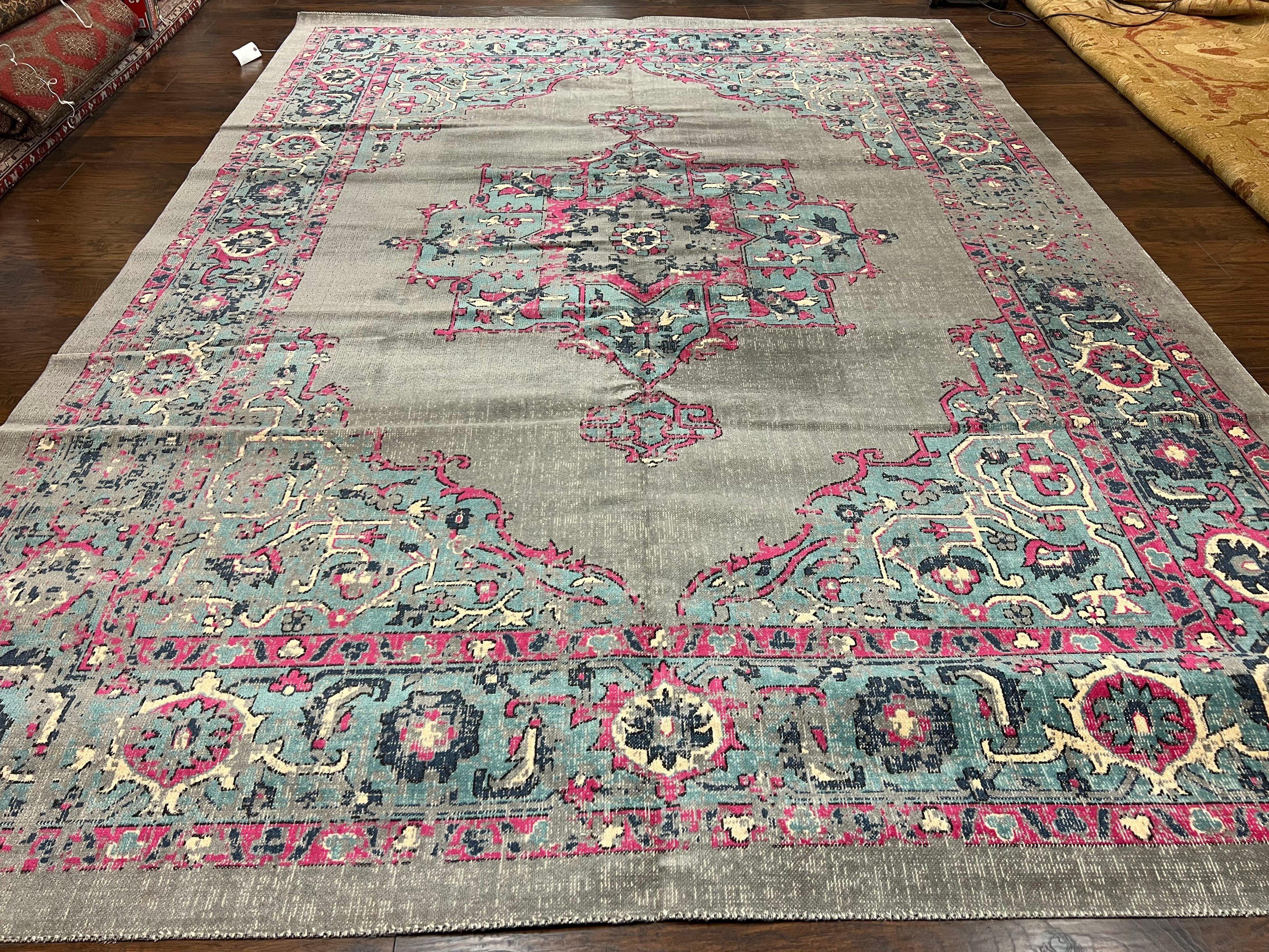 Safavieh Artison Rug 9x12, Turkish Power Loomed Carpet 9 x 12 ft, Antique Heriz Look, Light Gray Light Blue Hot Pink, Medallion Rug - Jewel Rugs