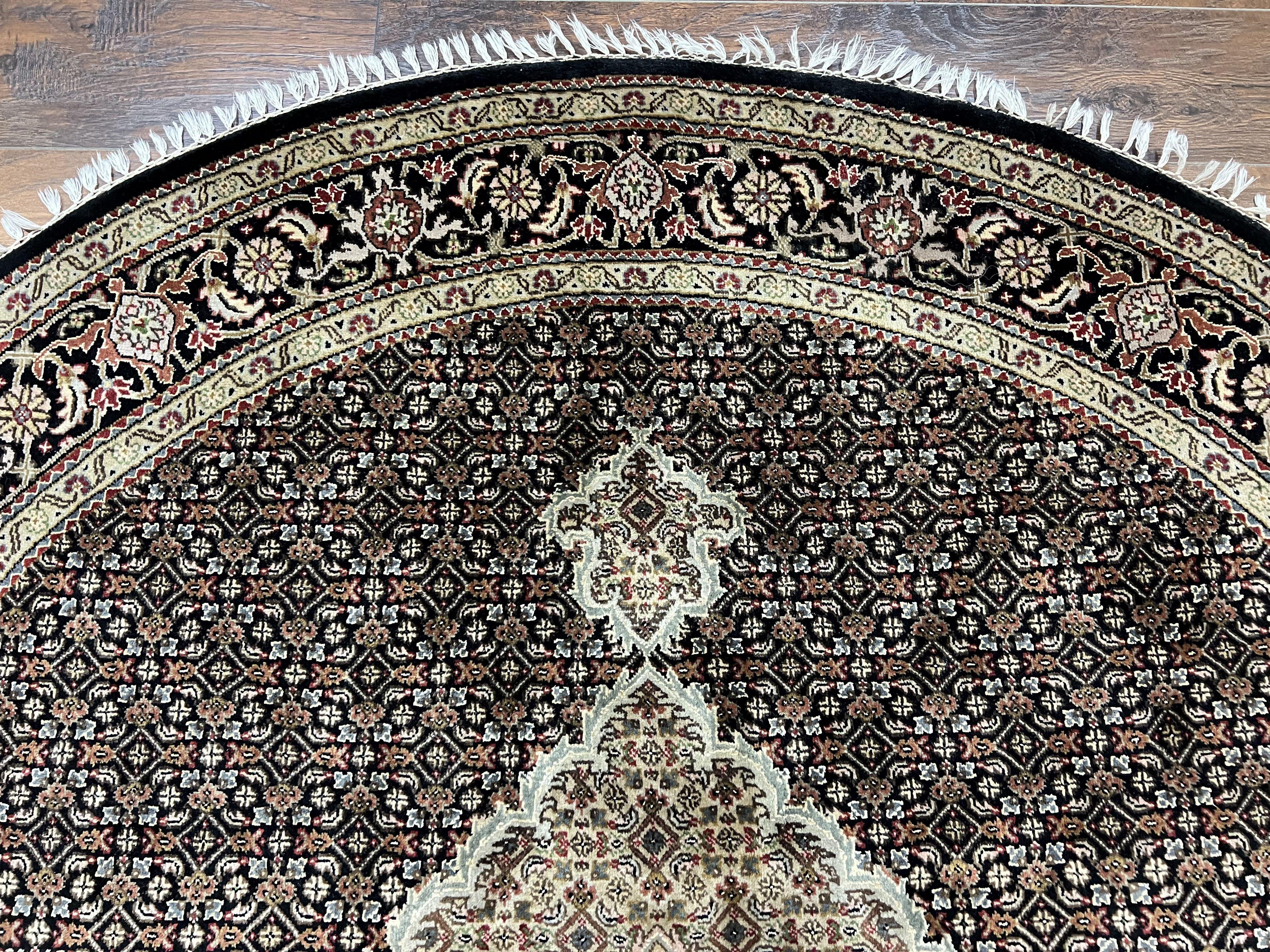 Round Oriental Rug 6.8 x 6.8 ft, Black and Beige Hand-Knotted Wool Indian Indo Persian Round Carpet, Herati Mahi Pattern, Vintage Round Rug - Jewel Rugs