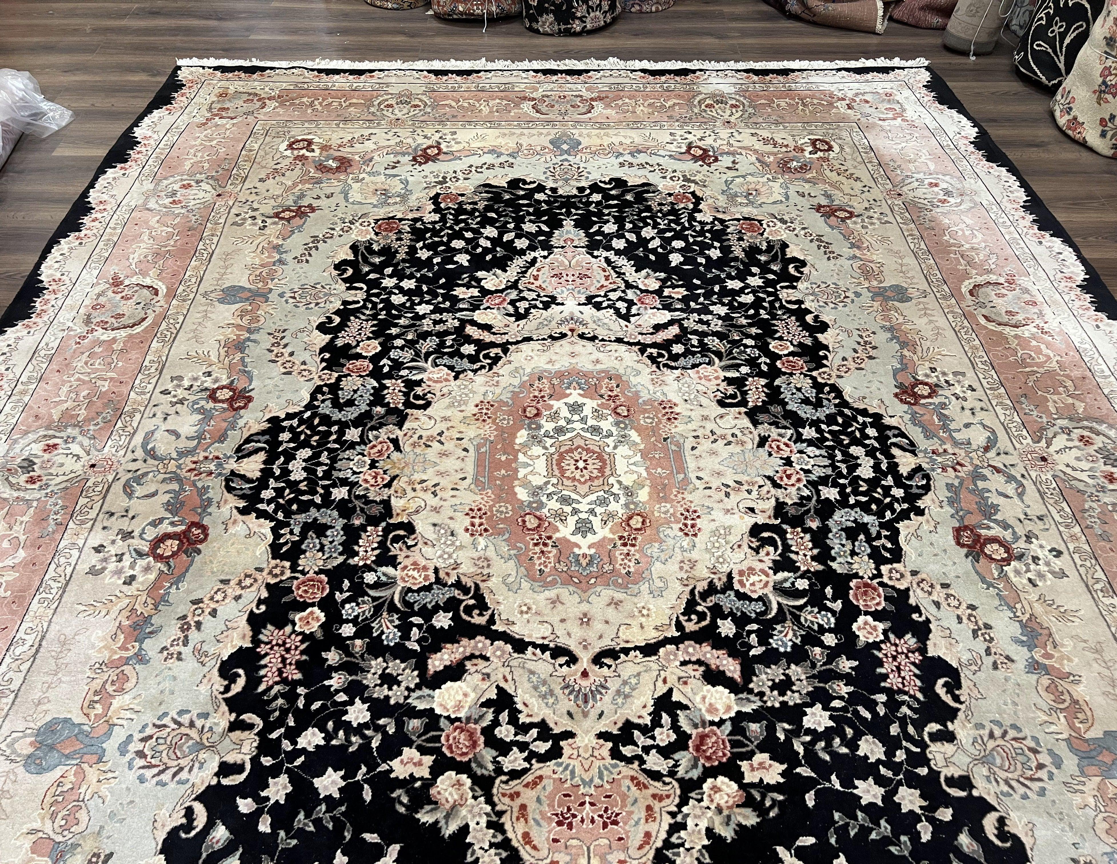 Large Sino Persian Rug 10x14, Wool Silk Accents, Central Medallion, High Quality Oriental Carpet, Handmade Vintage Rug 10 x 14, Fine, Black - Jewel Rugs