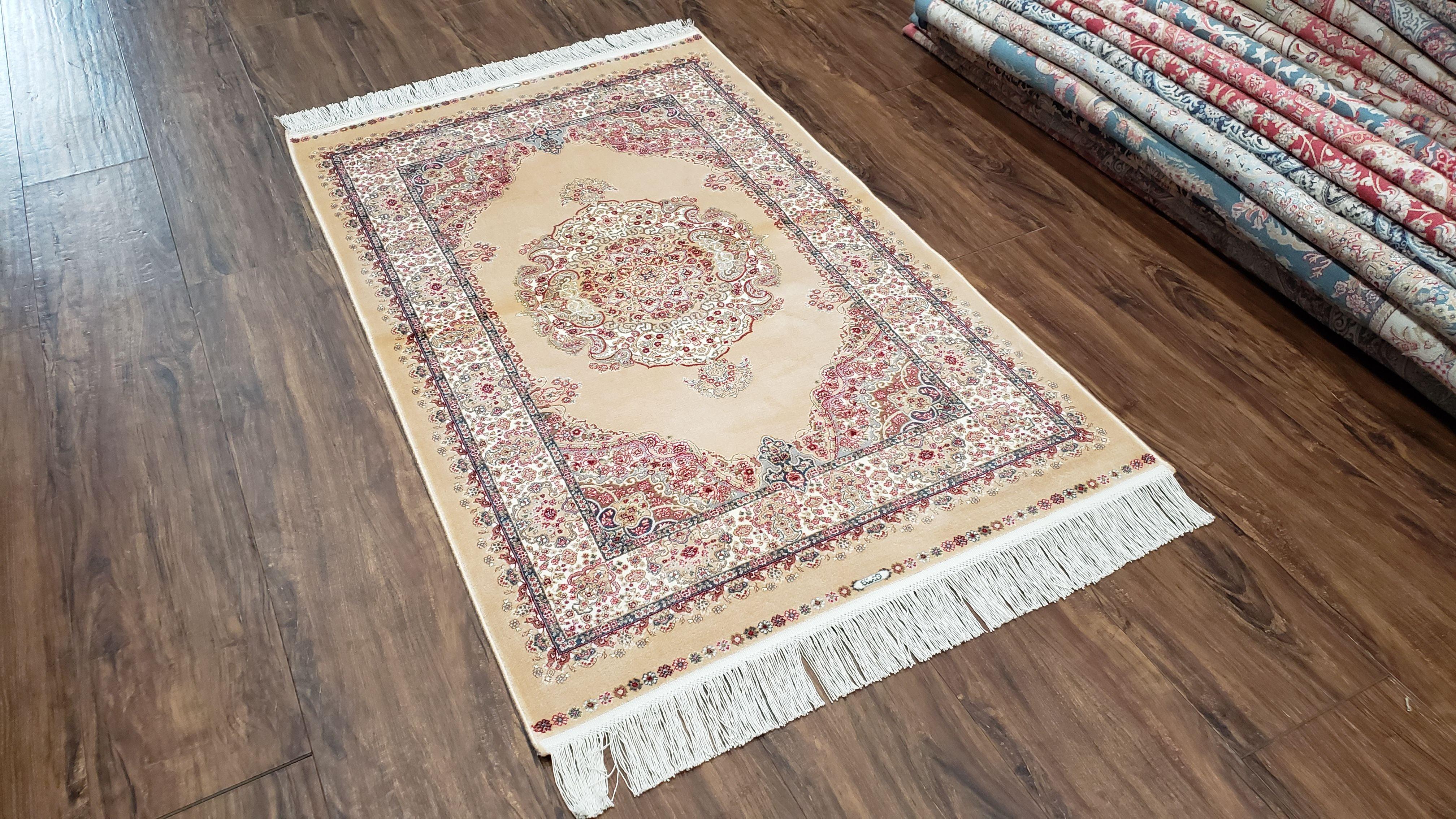 Small Beige Silk Rug, Oriental Carpet 2.5 x 4, Turkish Silk Rug, Luxury Medallion Accent Rug, Bamboo Silk, Tan Silk Rug, New, 2' 8" x 4' 1" - Jewel Rugs